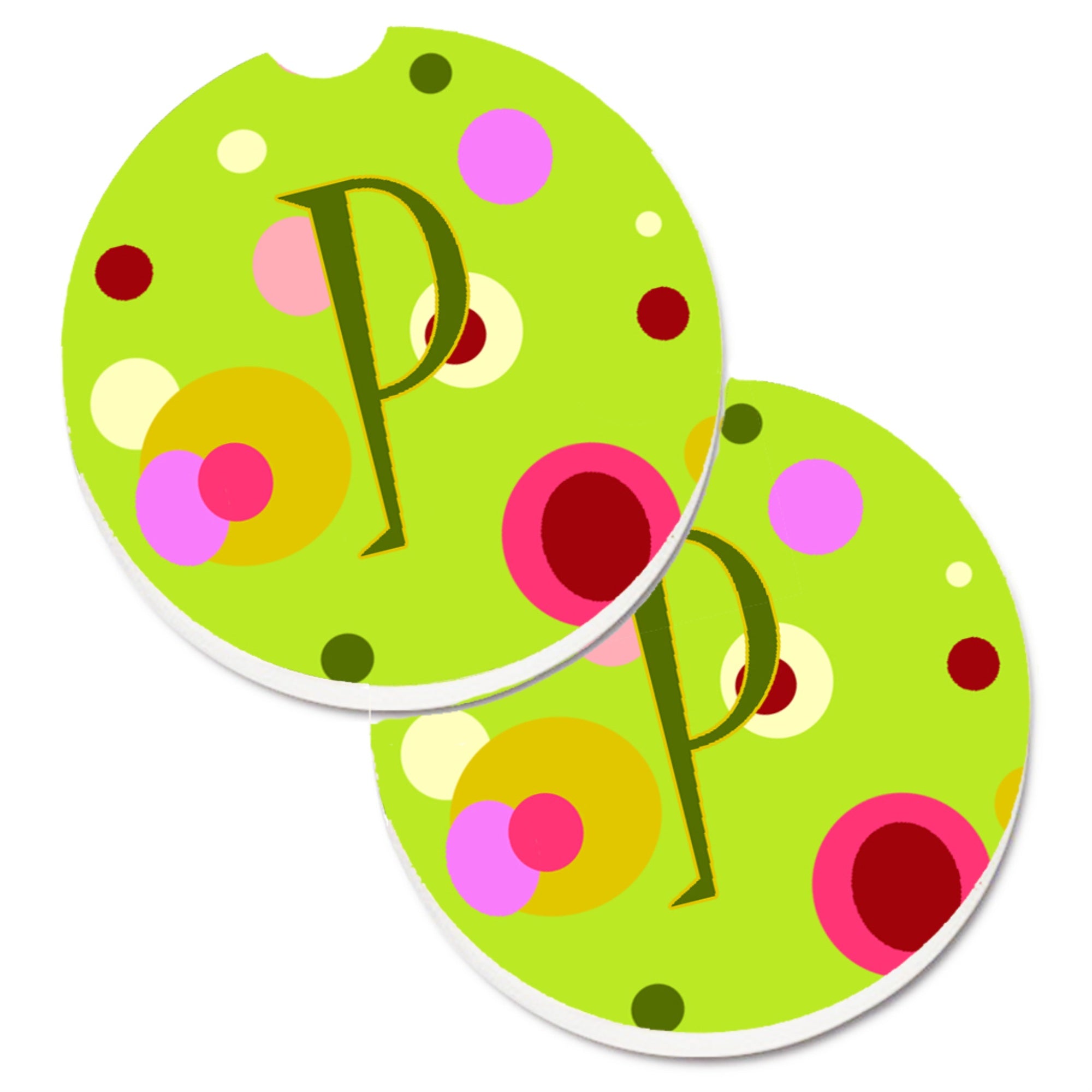 Caroline'S Treasures Letter P Monogram - Lime Green Set Of 2 Cup Holder Car Coasters Cj1010-Pcarc, 2.56, Multicolor