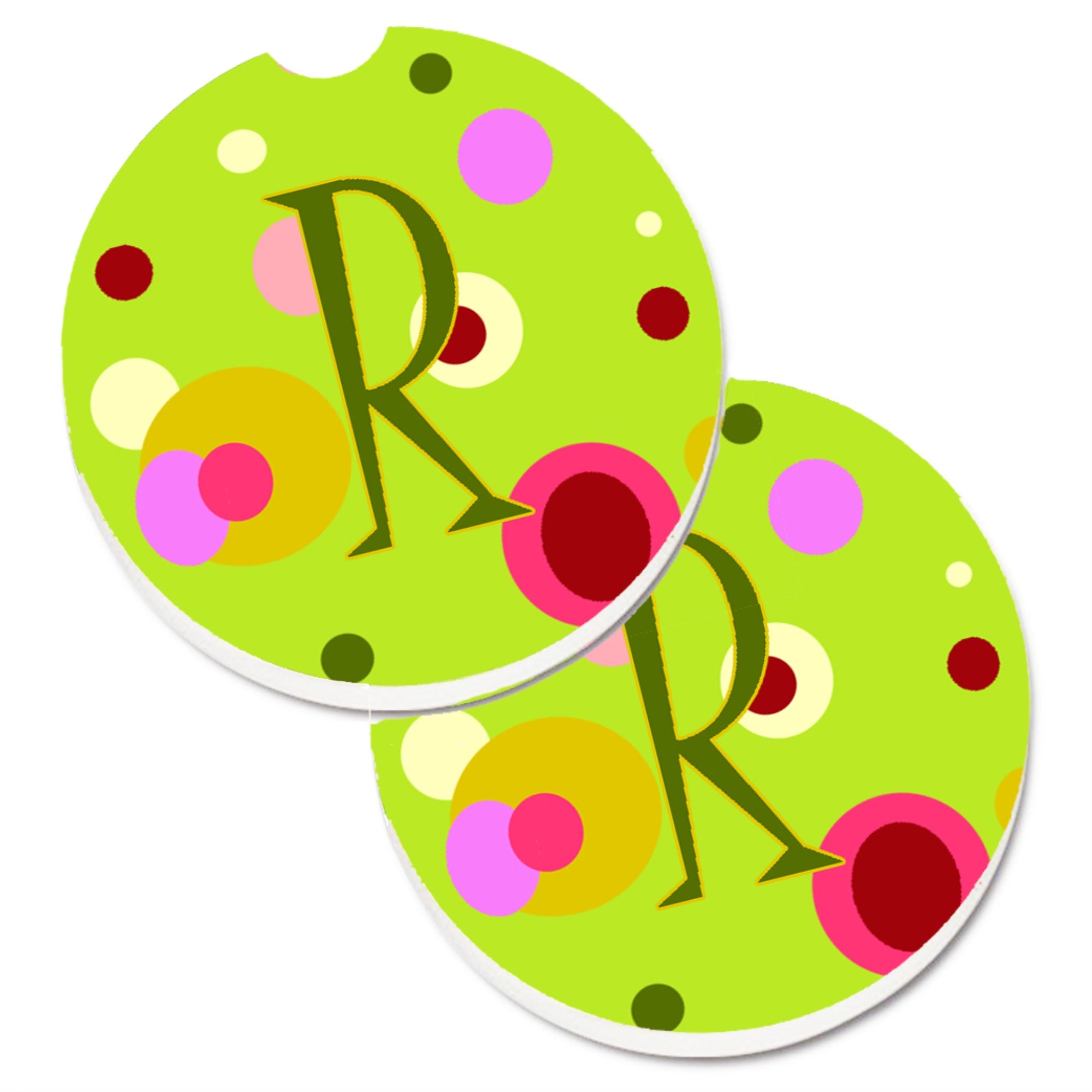 Caroline'S Treasures Letter R Monogram - Lime Green Set Of 2 Cup Holder Car Coasters Cj1010-Rcarc, 2.56, Multicolor