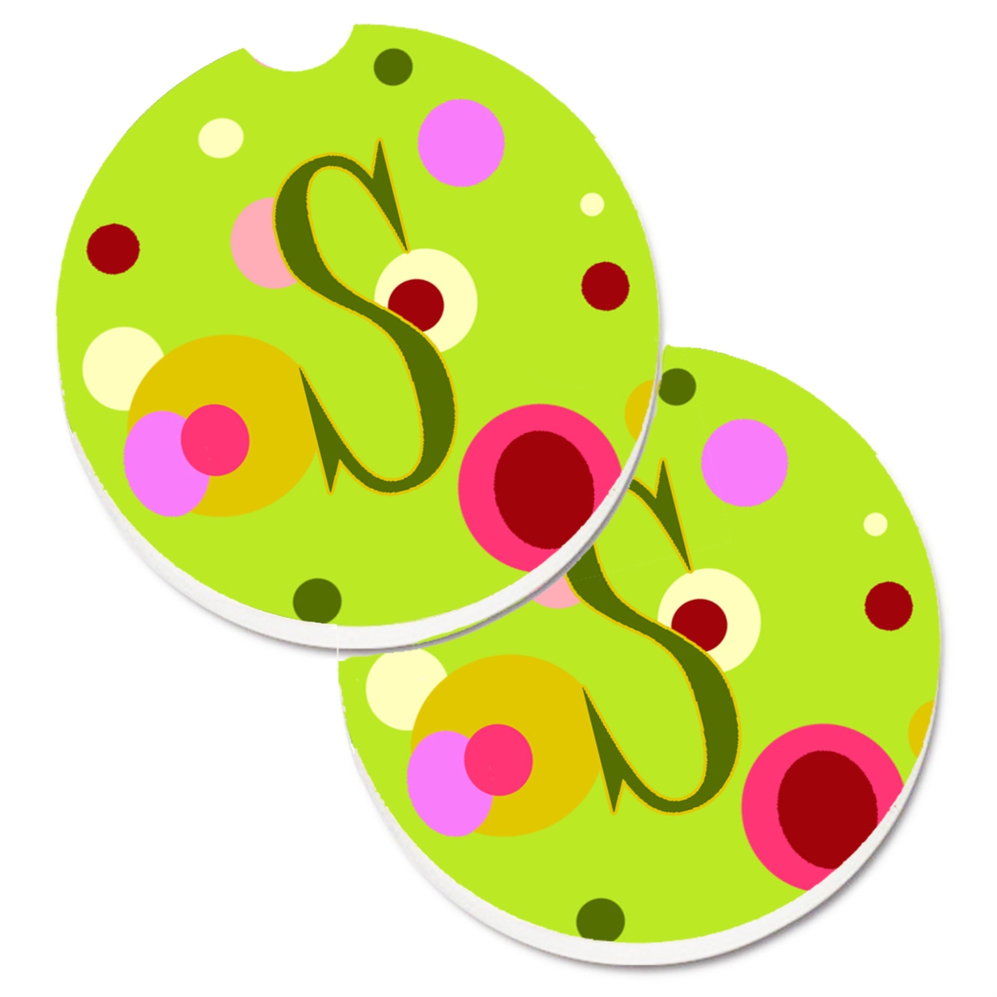 Caroline'S Treasures Letter S Monogram - Lime Green Set Of 2 Cup Holder Car Coasters Cj1010-Scarc, 2.56, Multicolor