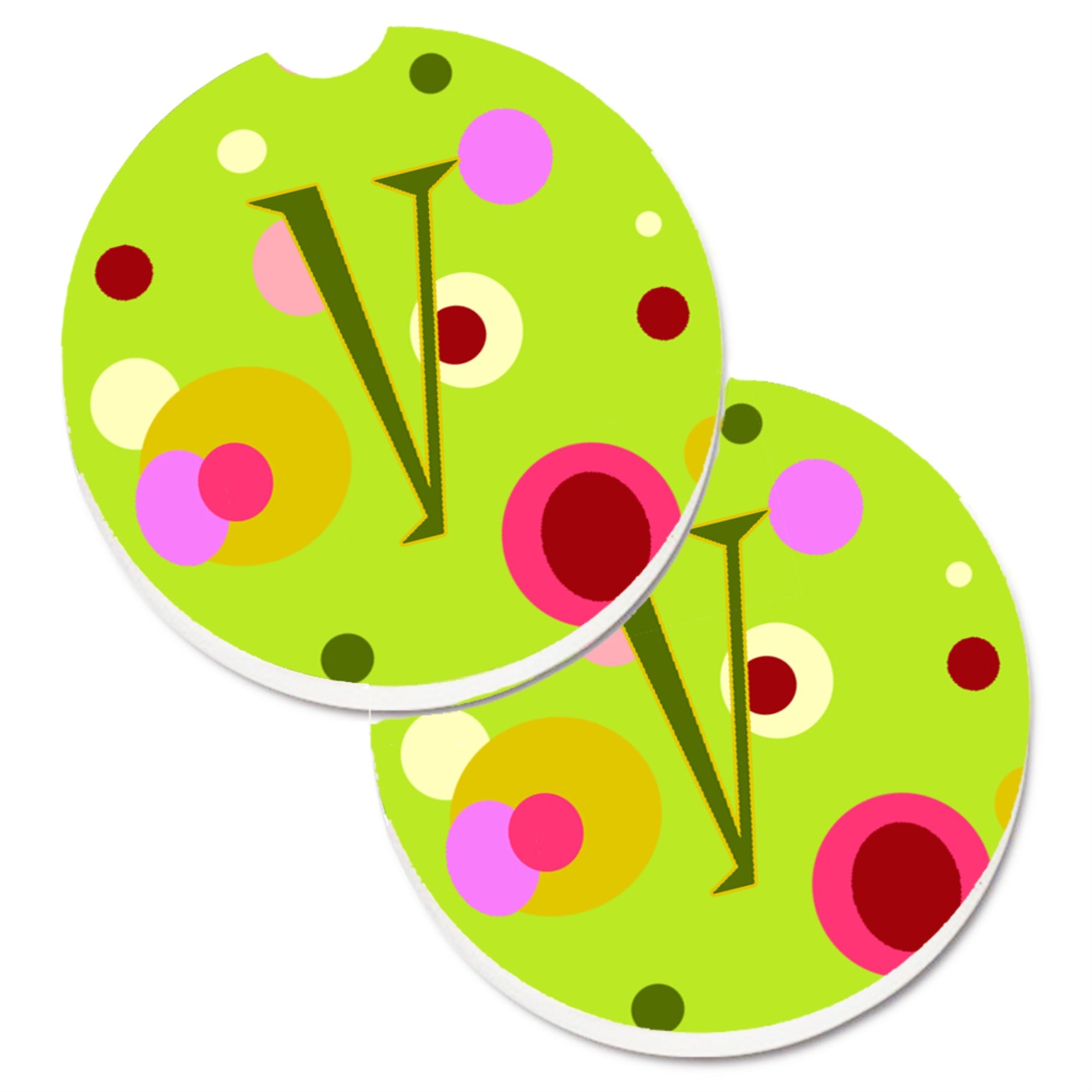 Caroline'S Treasures Letter V Monogram - Lime Green Set Of 2 Cup Holder Car Coasters Cj1010-Vcarc, 2.56, Multicolor