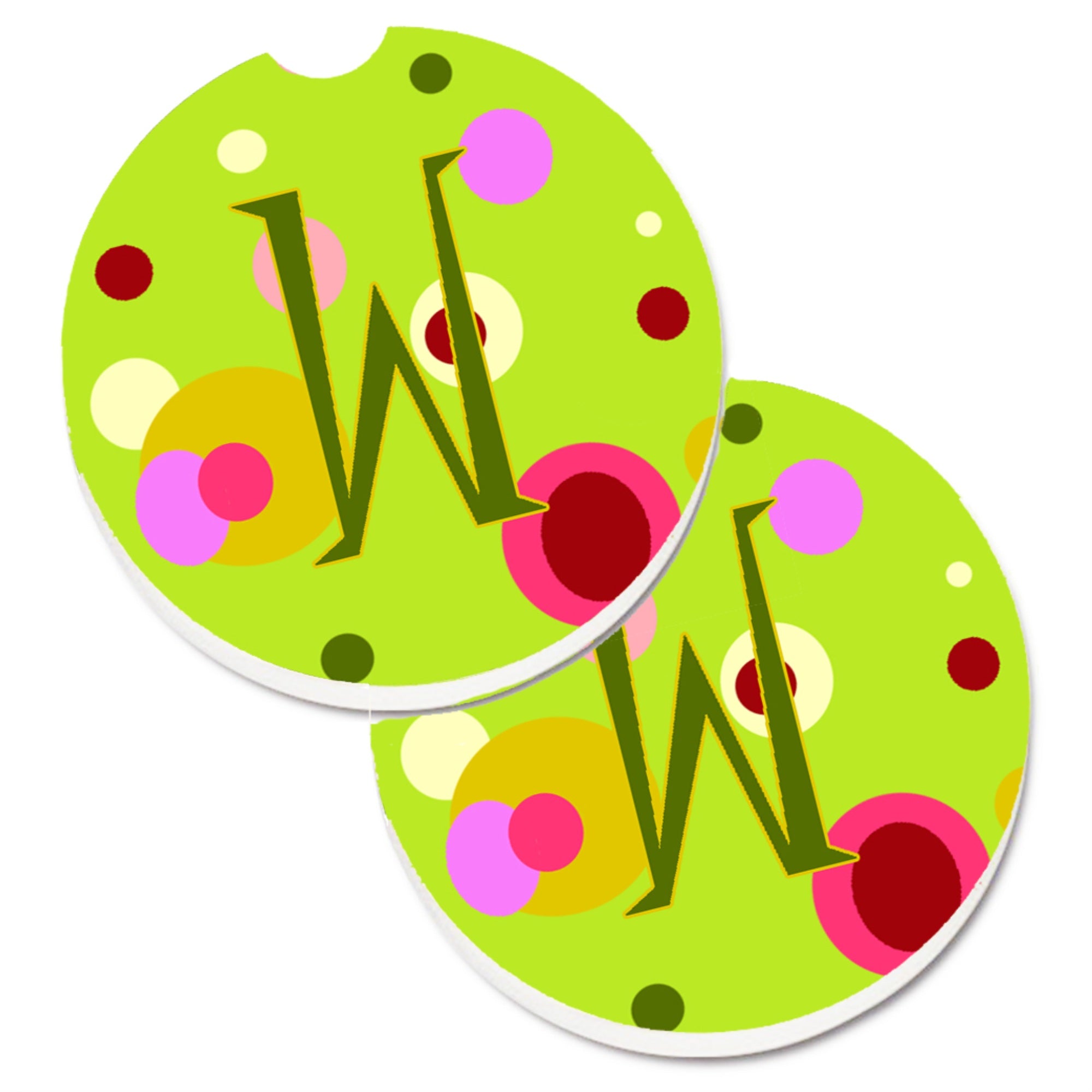 Caroline'S Treasures Letter W Monogram - Lime Green Set Of 2 Cup Holder Car Coasters Cj1010-Wcarc, 2.56, Multicolor