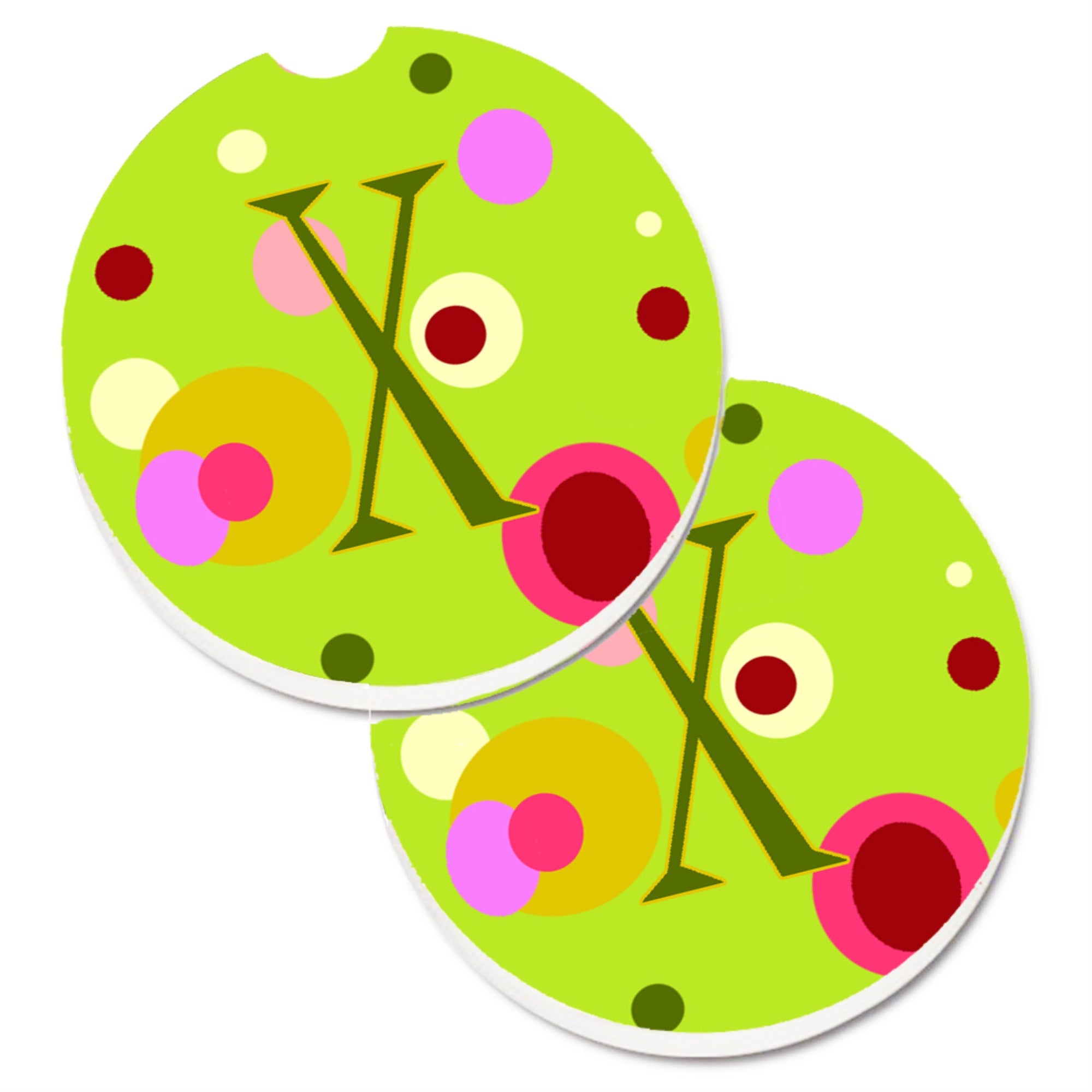 Caroline'S Treasures Letter X Monogram - Lime Green Set Of 2 Cup Holder Car Coasters Cj1010-Xcarc, 2.56, Multicolor