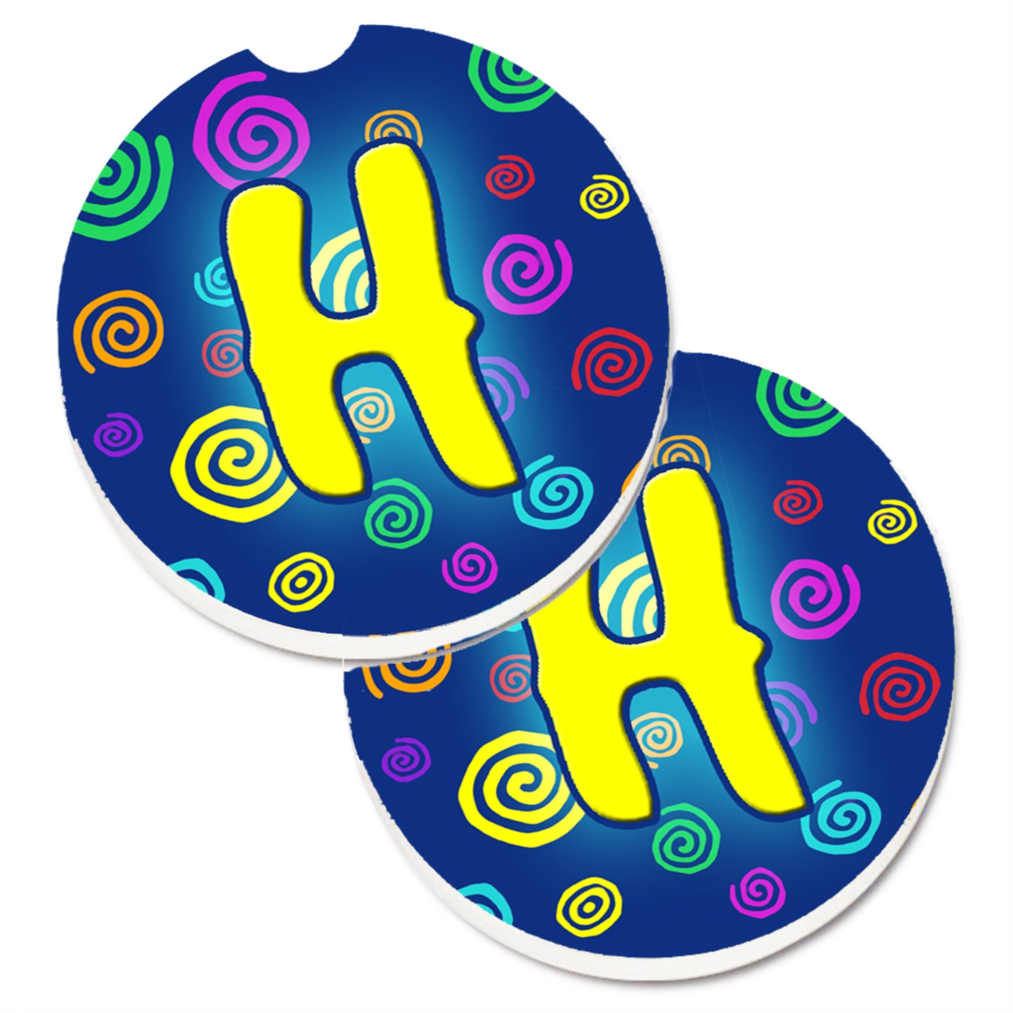 Caroline'S Treasures Letter H Initial Monogram - Blue Swirls Set Of 2 Cup Holder Car Coasters Cj1011-Hcarc, 2.56, Multicolor