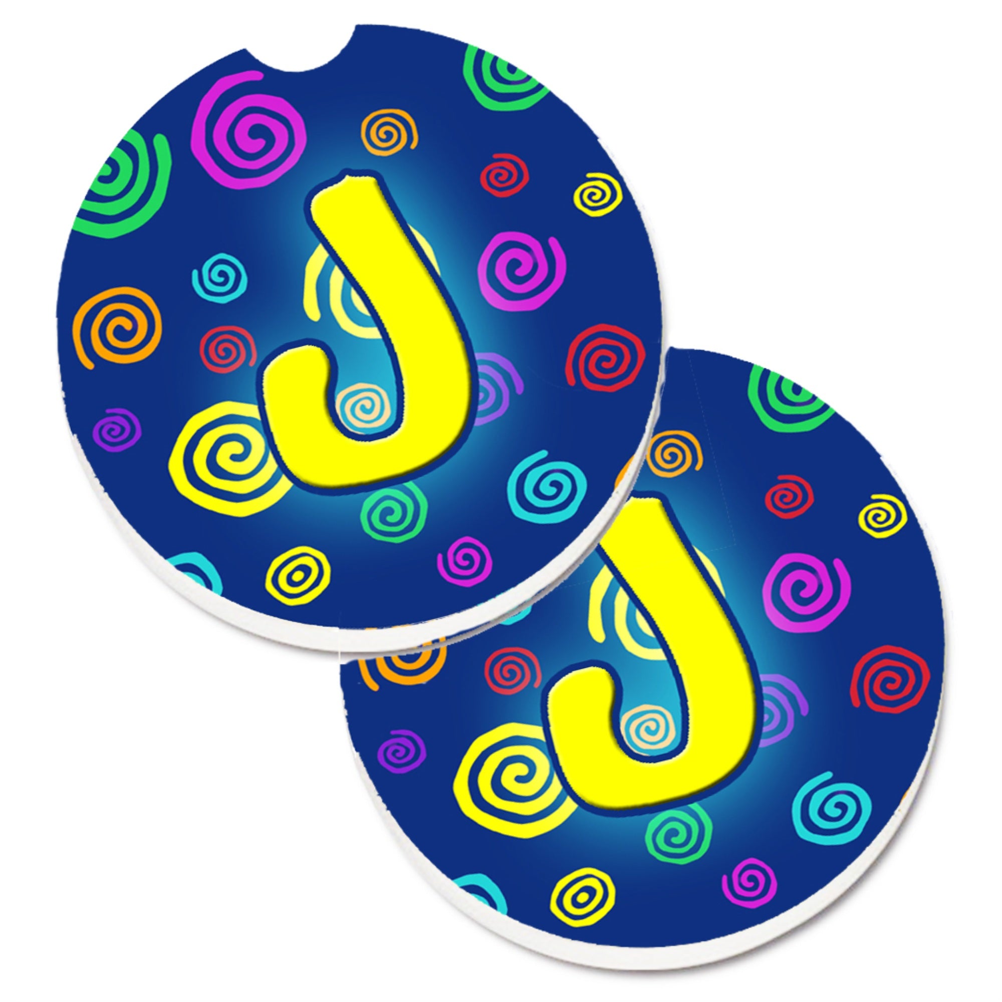 Caroline'S Treasures Letter J Initial Monogram - Blue Swirls Set Of 2 Cup Holder Car Coasters Cj1011-Jcarc, 2.56, Multicolor