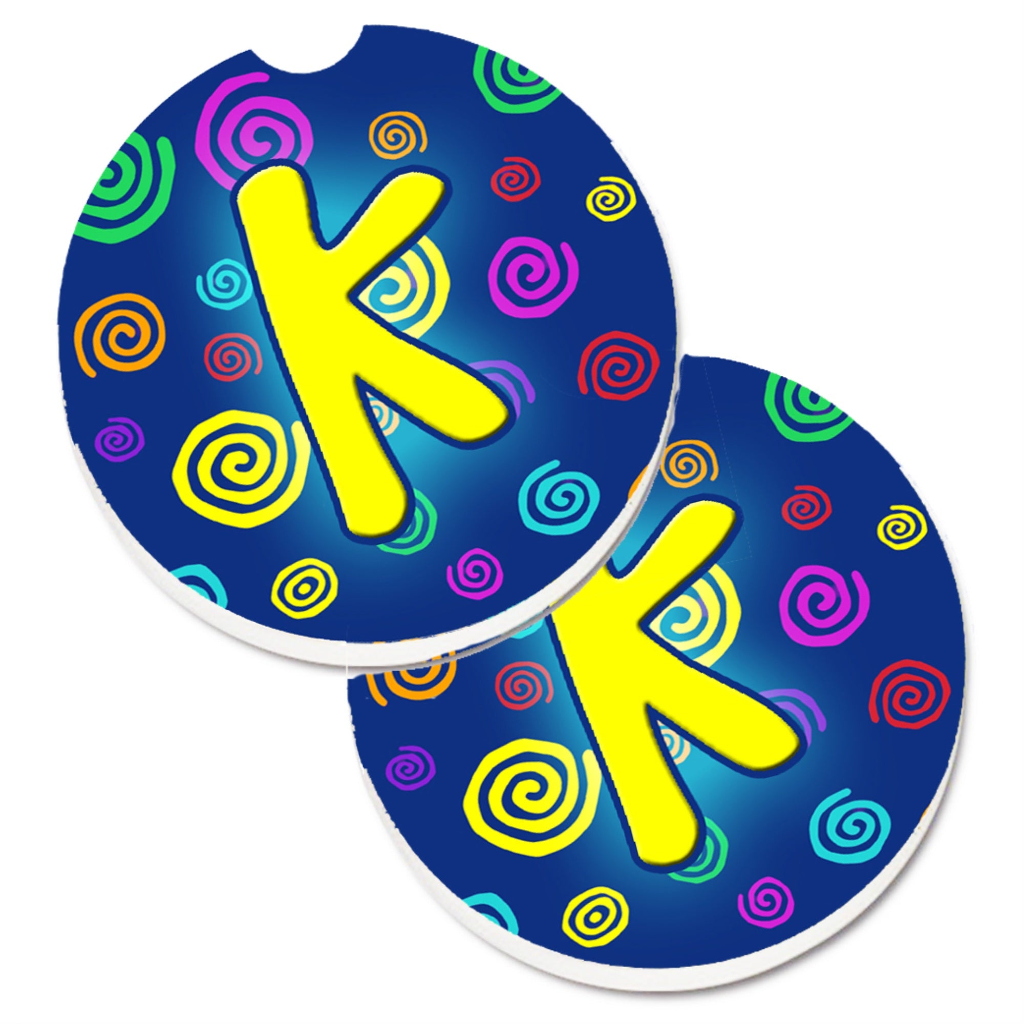 Caroline'S Treasures Letter K Initial Monogram - Blue Swirls Set Of 2 Cup Holder Car Coasters Cj1011-Kcarc, 2.56, Multicolor