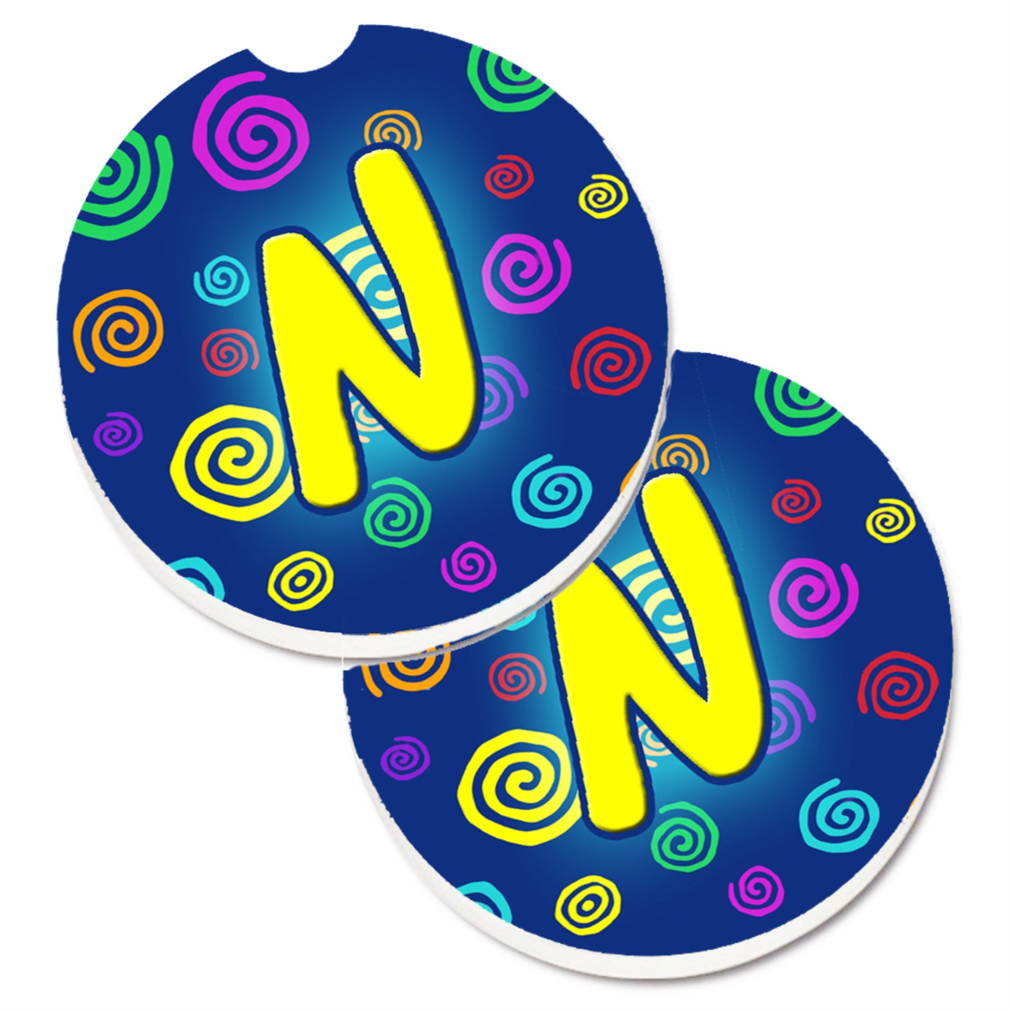 Caroline'S Treasures Letter N Initial Monogram - Blue Swirls Set Of 2 Cup Holder Car Coasters Cj1011-Ncarc, 2.56, Multicolor
