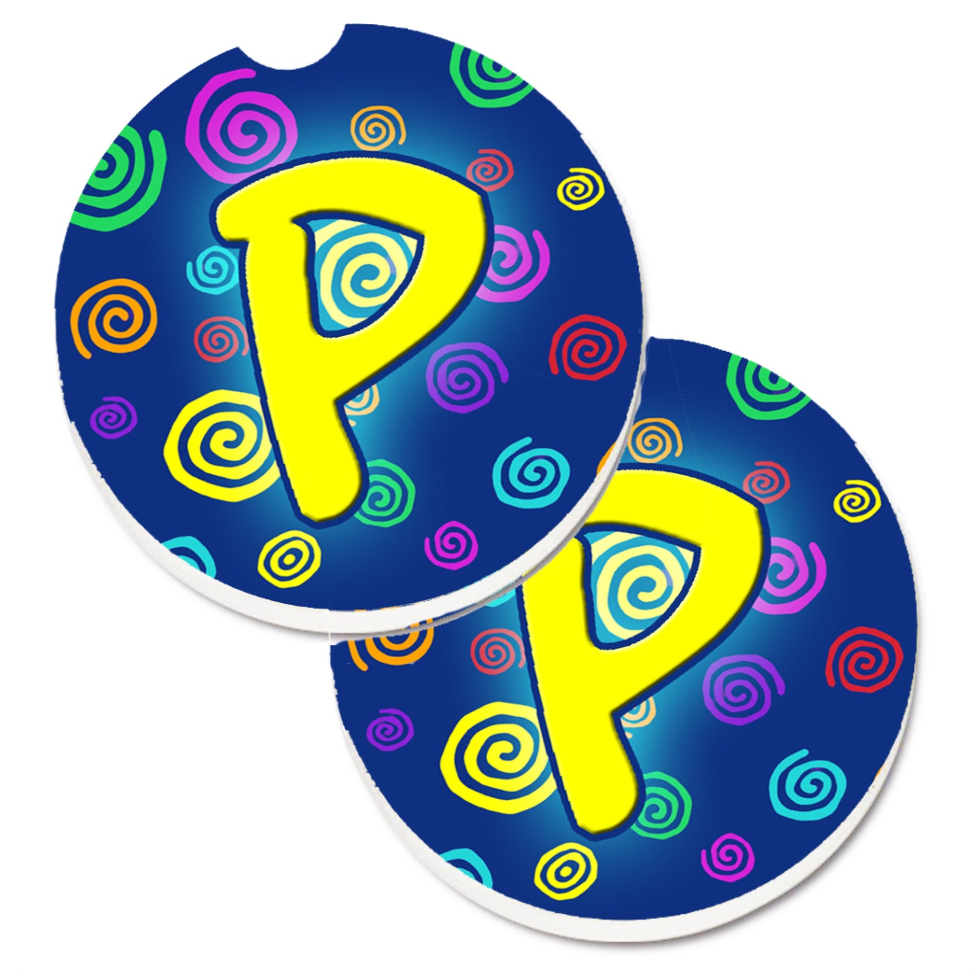 Caroline'S Treasures Letter P Initial Monogram - Blue Swirls Set Of 2 Cup Holder Car Coasters Cj1011-Pcarc, 2.56, Multicolor