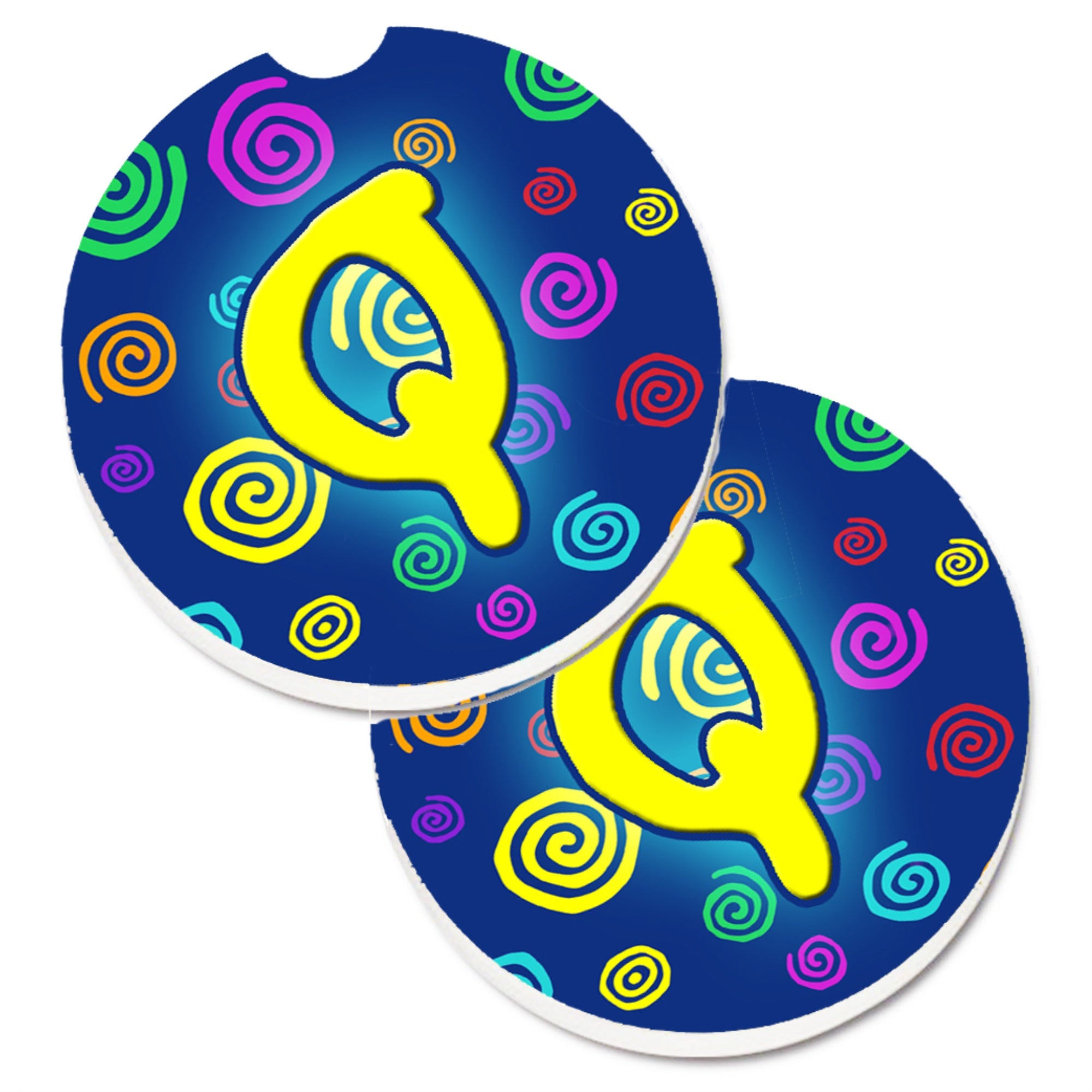 Caroline'S Treasures Letter Q Initial Monogram - Blue Swirls Set Of 2 Cup Holder Car Coasters Cj1011-Qcarc, 2.56, Multicolor