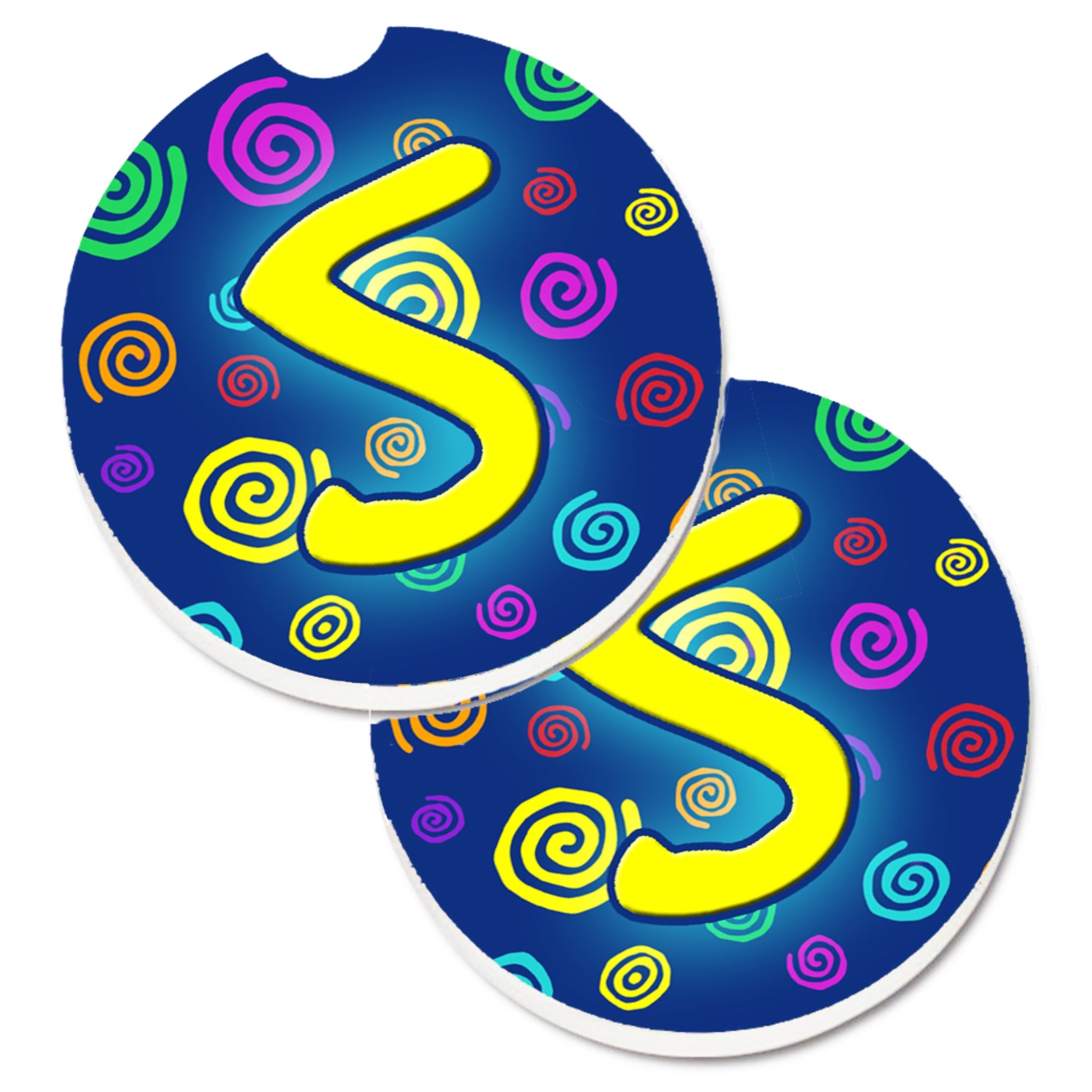 Caroline'S Treasures Letter S Initial Monogram - Blue Swirls Set Of 2 Cup Holder Car Coasters Cj1011-Scarc, 2.56, Multicolor