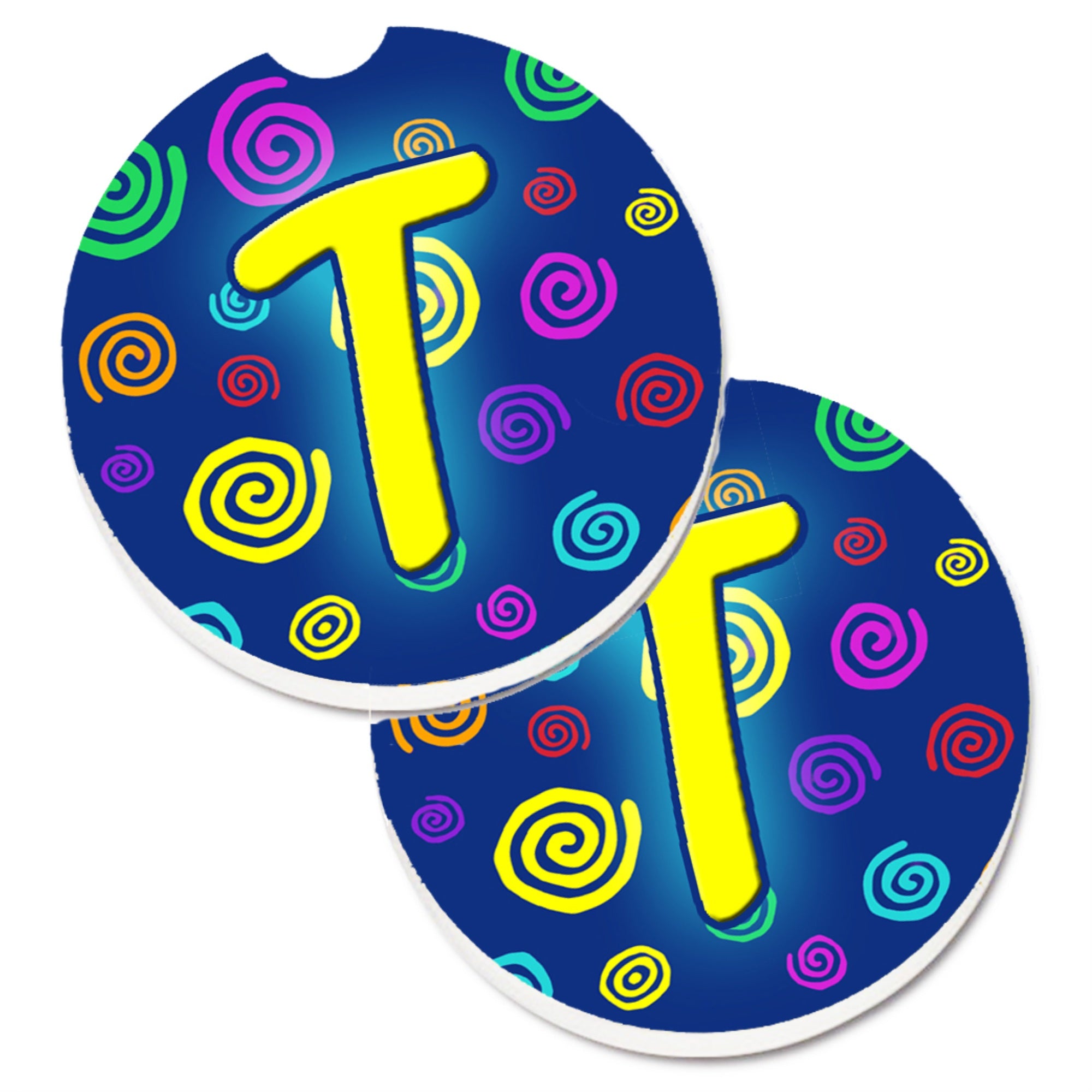 Caroline'S Treasures Letter T Initial Monogram - Blue Swirls Set Of 2 Cup Holder Car Coasters Cj1011-Tcarc, 2.56, Multicolor