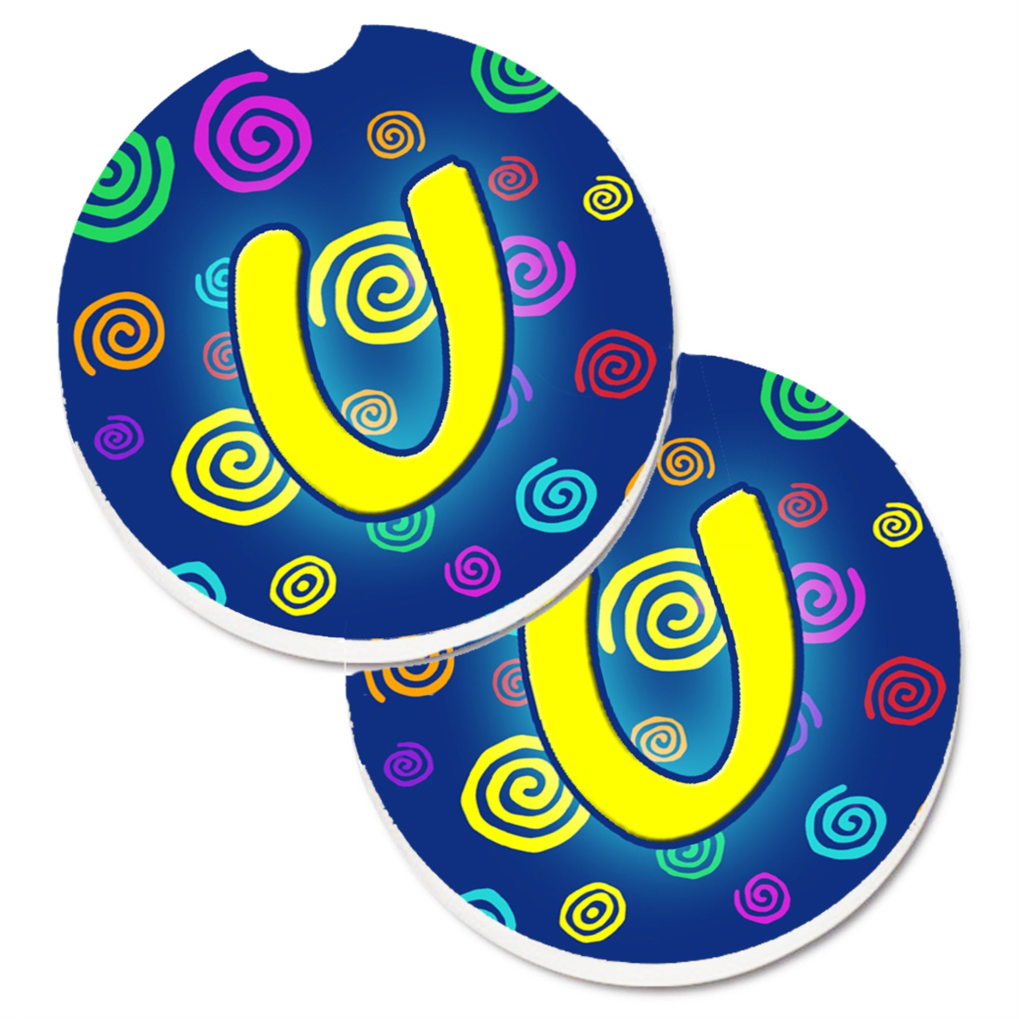 Caroline'S Treasures Letter U Initial Monogram - Blue Swirls Set Of 2 Cup Holder Car Coasters Cj1011-Ucarc, 2.56, Multicolor