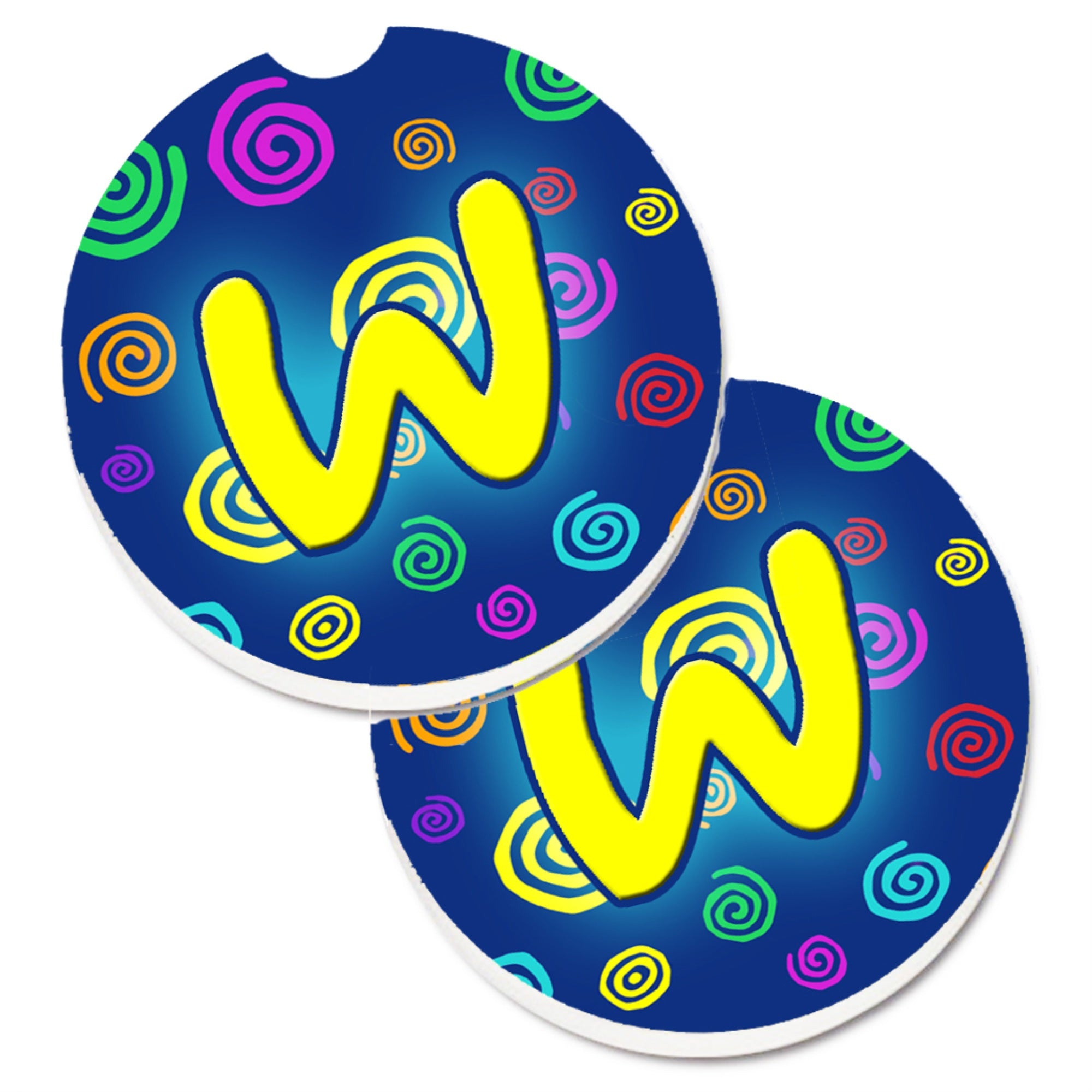 Caroline'S Treasures Letter W Initial Monogram - Blue Swirls Set Of 2 Cup Holder Car Coasters Cj1011-Wcarc, 2.56, Multicolor