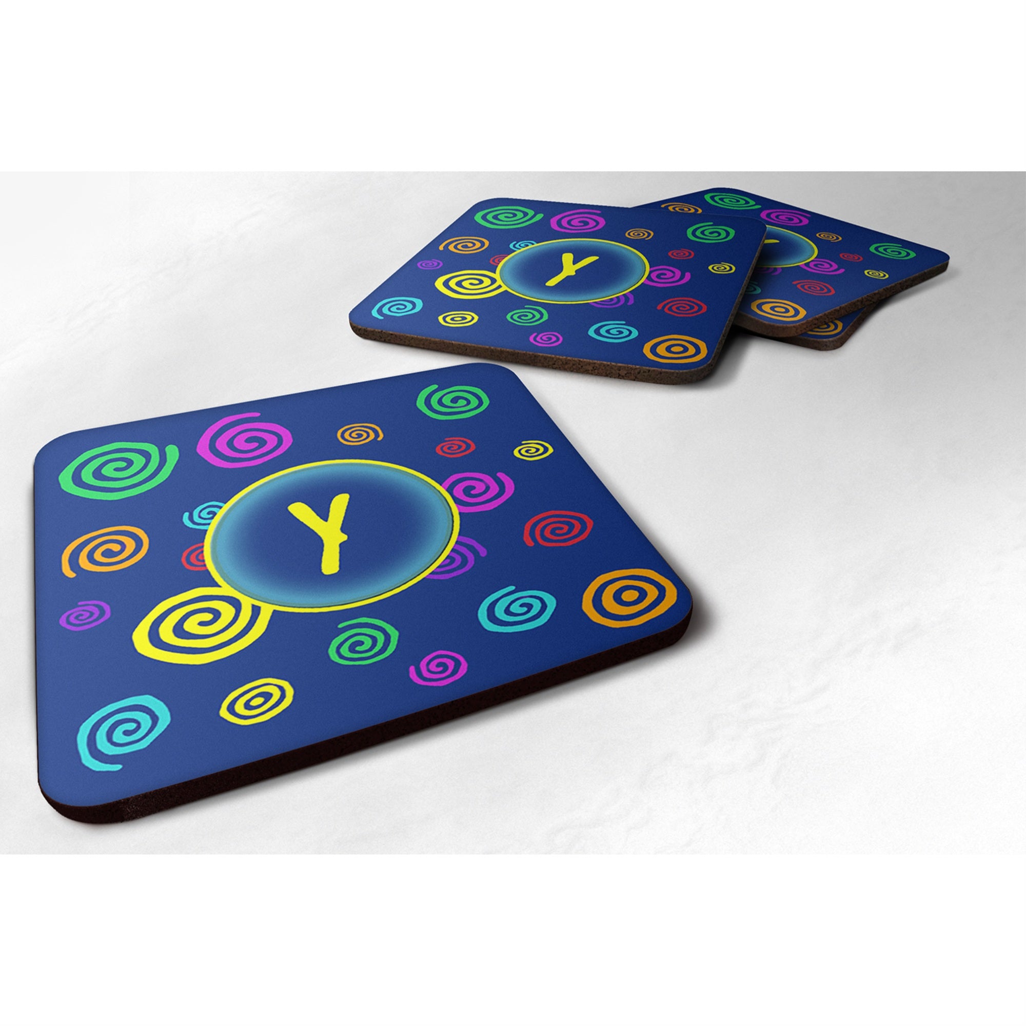 Caroline'S Treasures Cj1011-Yfc Monogram-Blue Swirls Foam Coasters (Set Of 4), Initial Letter Y, 3.5 H X 3.5 W, Multic