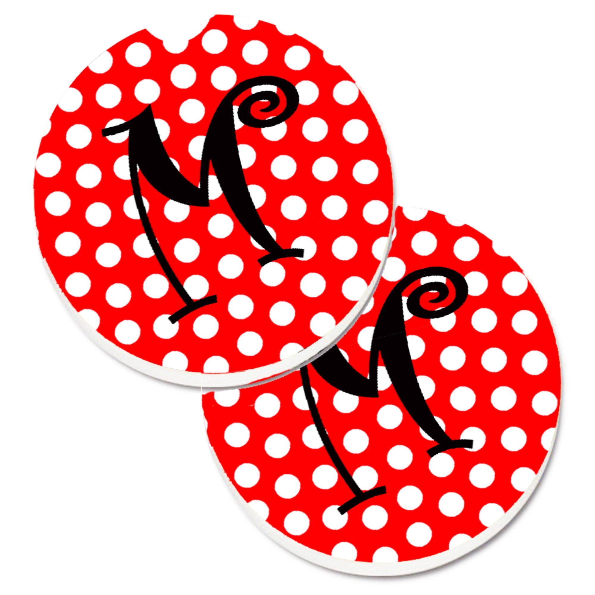 Caroline'S Treasures Letter M Initial Monogram Red Black Polka Dots Set Of 2 Cup Holder Car Coasters Cj1012-Mcarc, 2.56, Multi