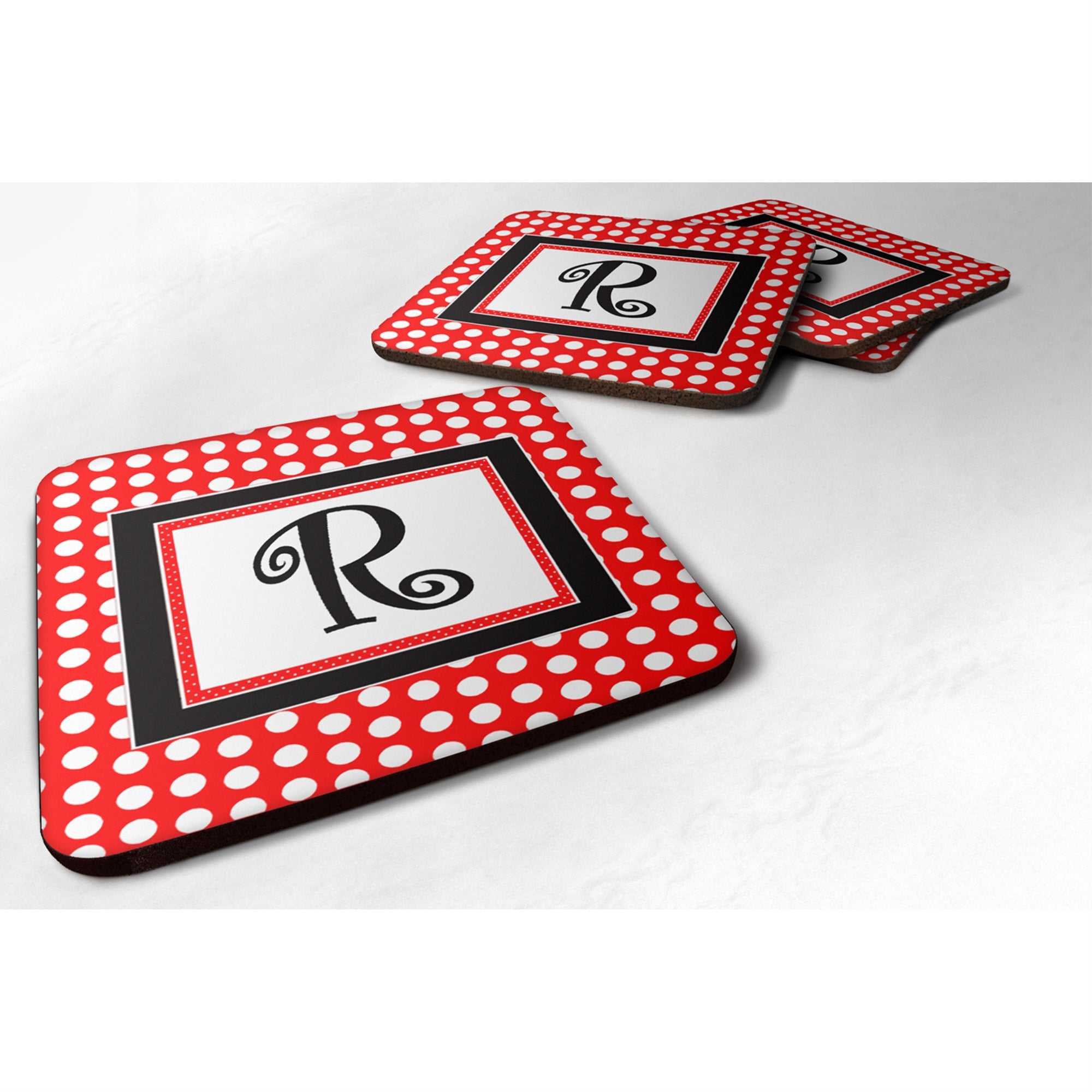 Caroline'S Treasures Cj1012-Rfc Monogram-Red Black Polka Dots Foam Coasters (Set Of 4), Initial Letter R, 3.5 H X 3.5