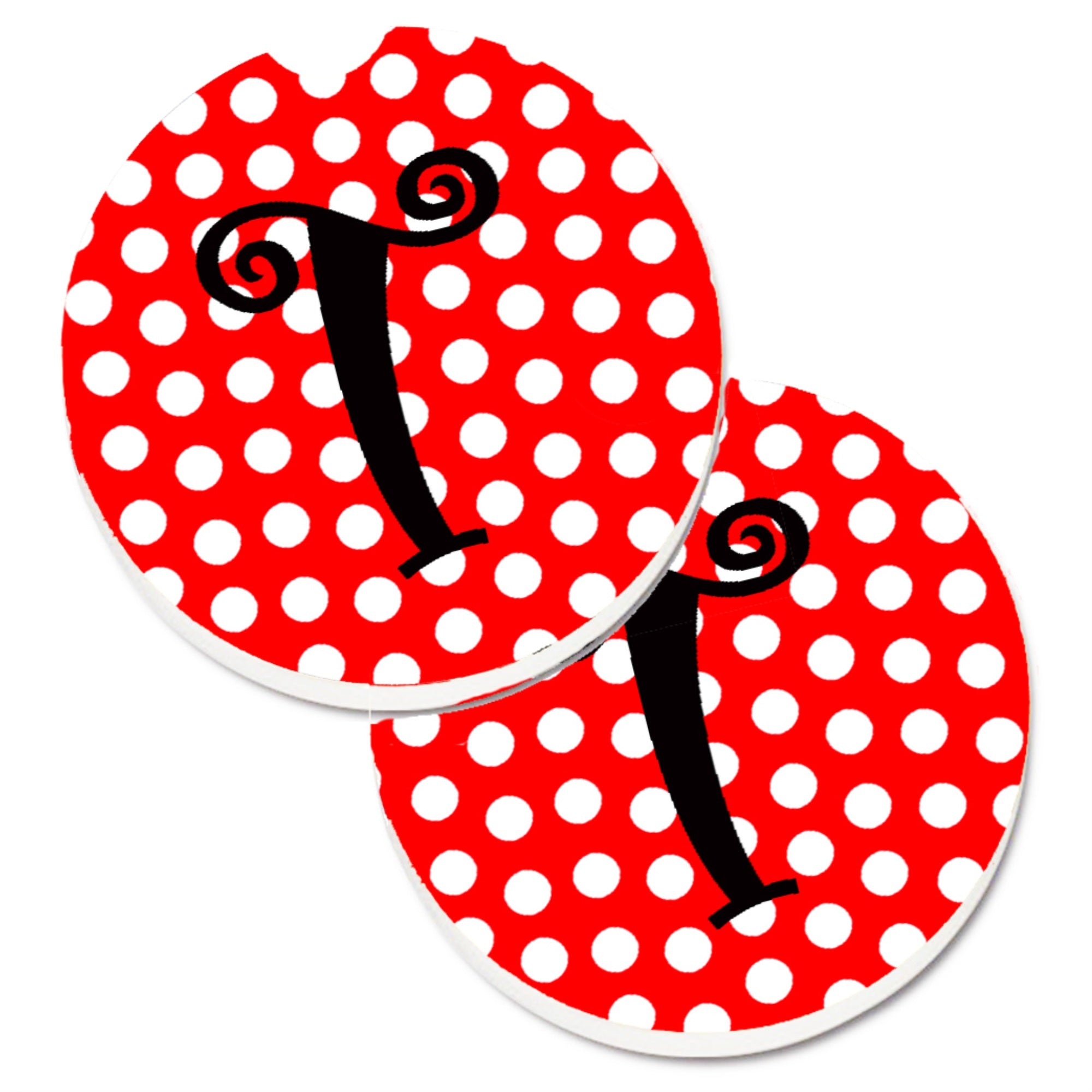 Caroline'S Treasures Monogram - Initial T Red Black Polka Dots Set Of 2 Cup Holder Car Coasters Cj1012-Tcarc, 2.56, Multicolor