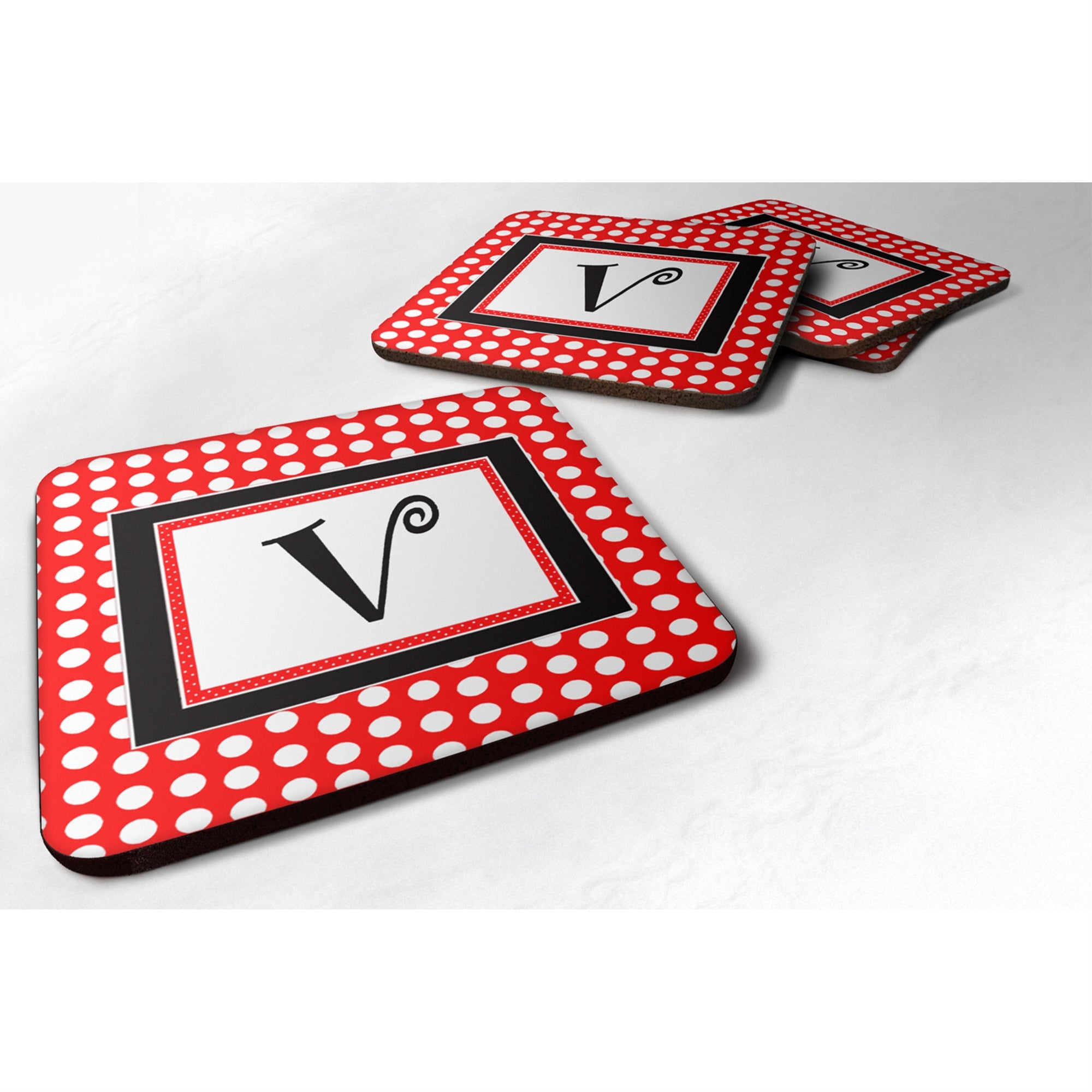 Caroline'S Treasures Cj1012-Vfc Monogram-Red Black Polka Dots Foam Coasters (Set Of 4), Initial Letter V, 3.5 H X 3.5