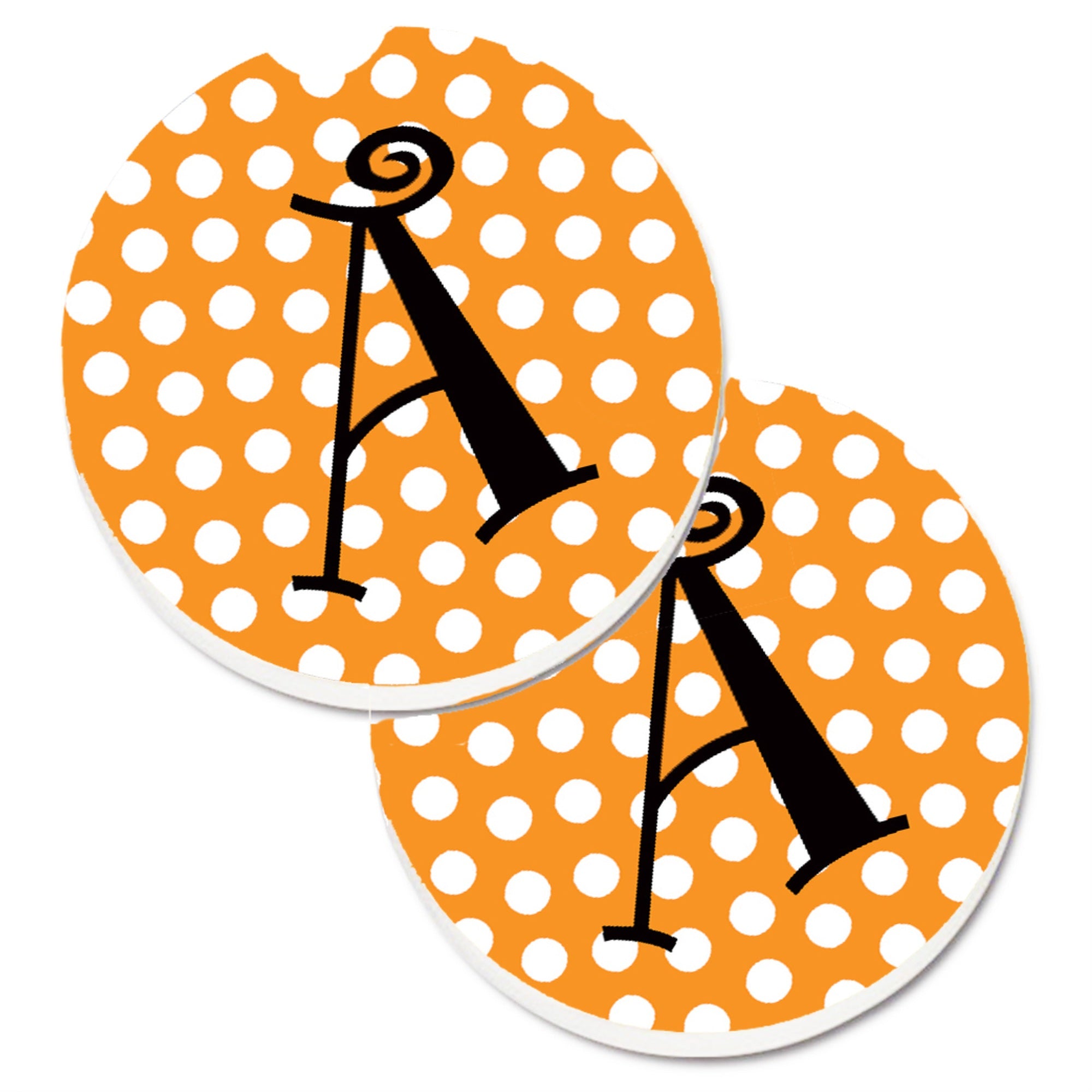 Caroline'S Treasures Letter A Monogram - Orange & Black Polka Dots Set Of 2 Cup Holder Car Coasters Cj1033-Acarc, 2.56, Multic