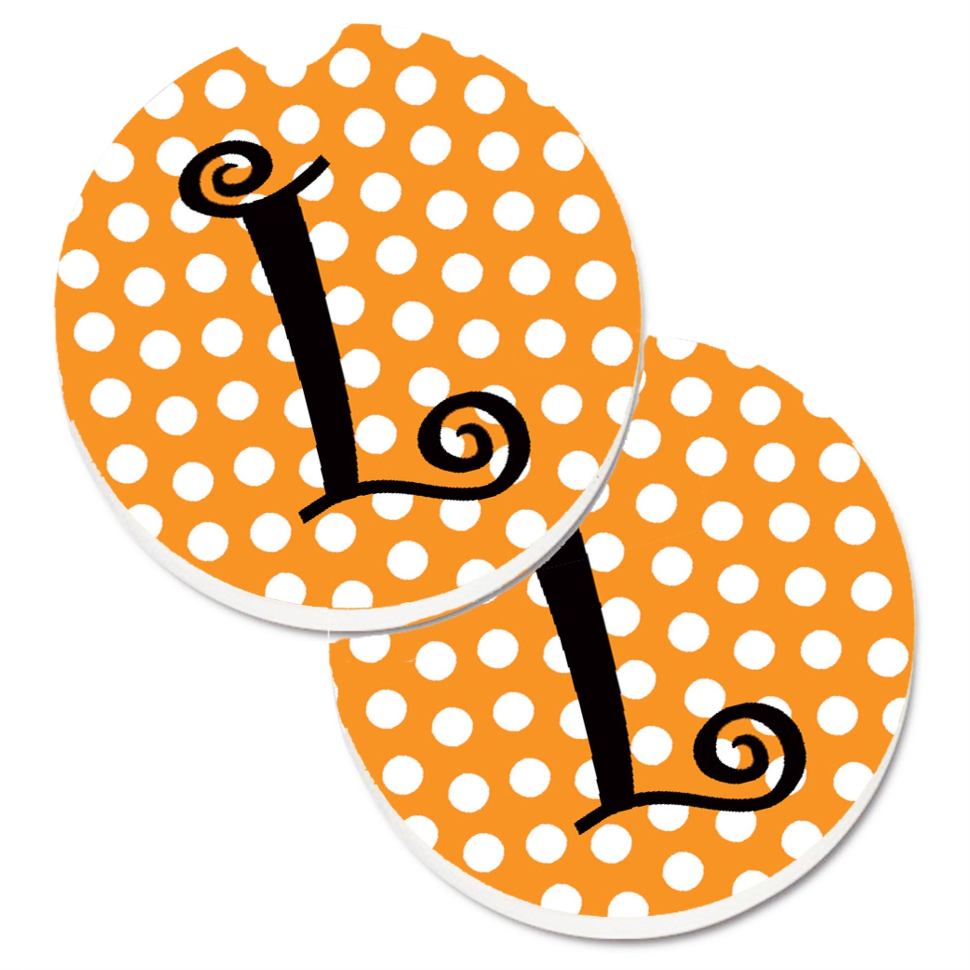 Caroline'S Treasures Monogram Initial L Orange Polkadots Set Of 2 Cup Holder Car Coasters Cj1033-Lcarc, 2.56, Multicolor