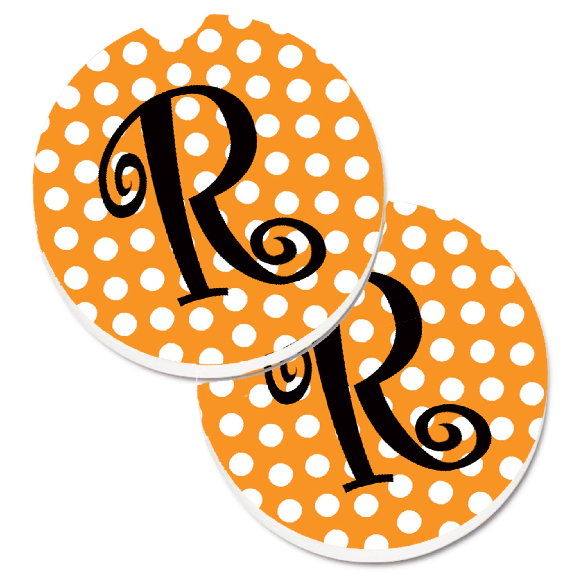 Caroline'S Treasures Monogram Initial R Orange Polkadots Set Of 2 Cup Holder Car Coasters Cj1033-Rcarc, 2.56, Multicolor