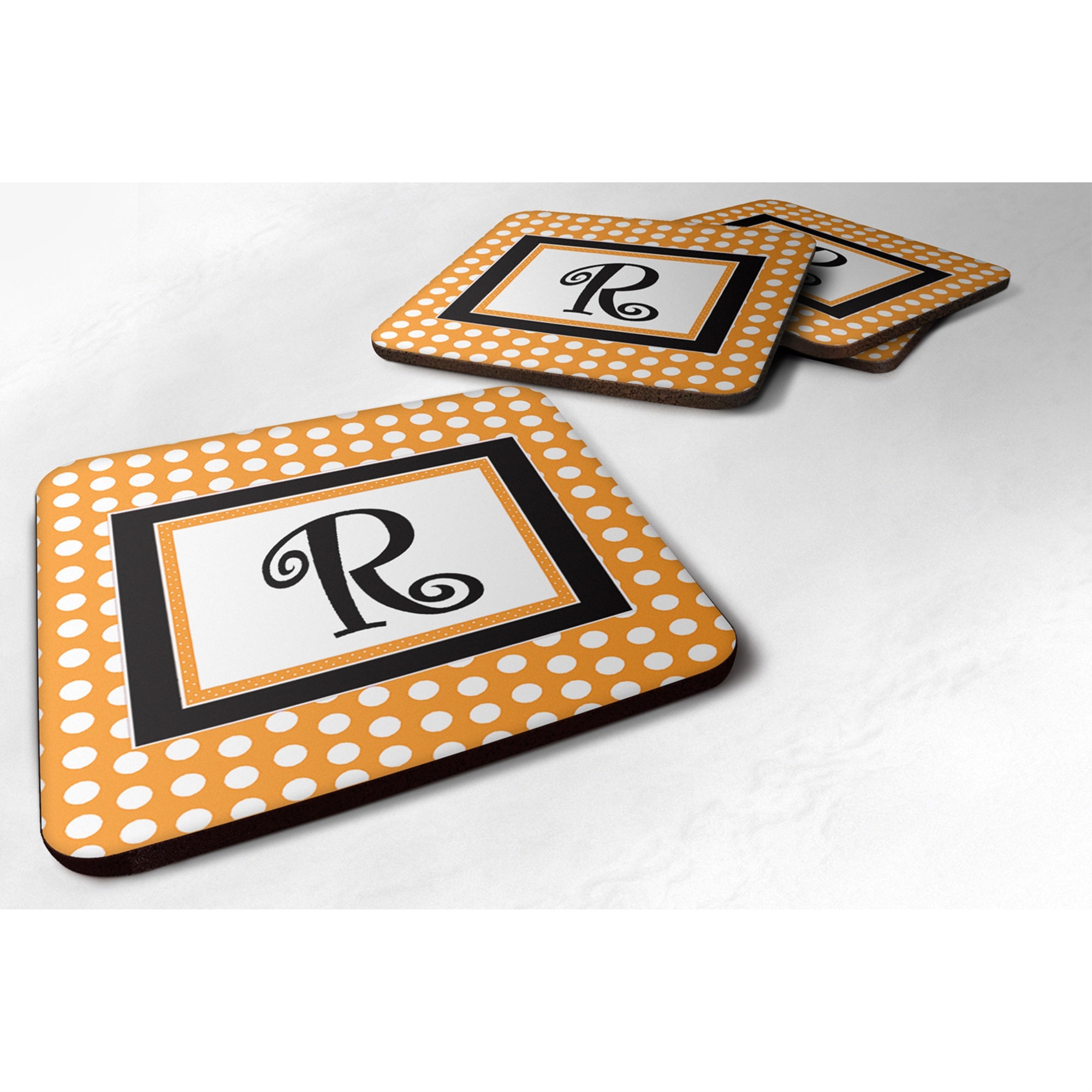 Caroline'S Treasures Cj1033-Rfc Monogram-Orange Polkadots Foam Coasters (Set Of 4), Initial Letter R, 3.5 H X 3.5 W, M