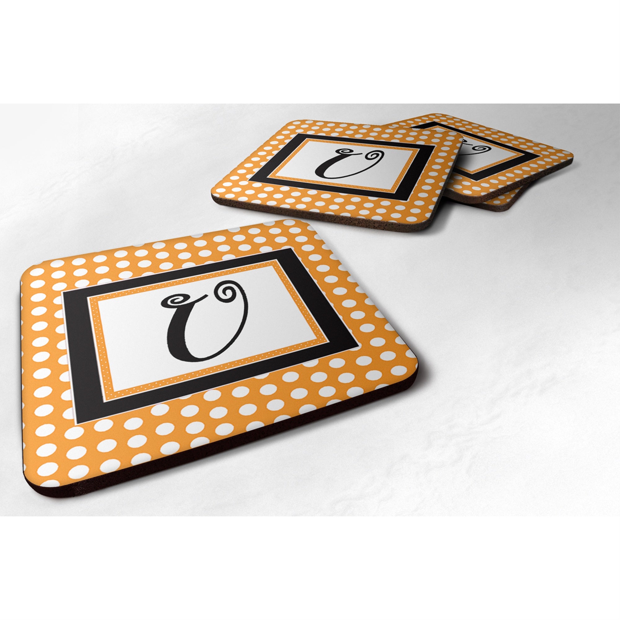 Caroline'S Treasures Cj1033-Ufc Monogram-Orange Polkadots Foam Coasters (Set Of 4), Initial Letter U, 3.5 H X 3.5 W, M