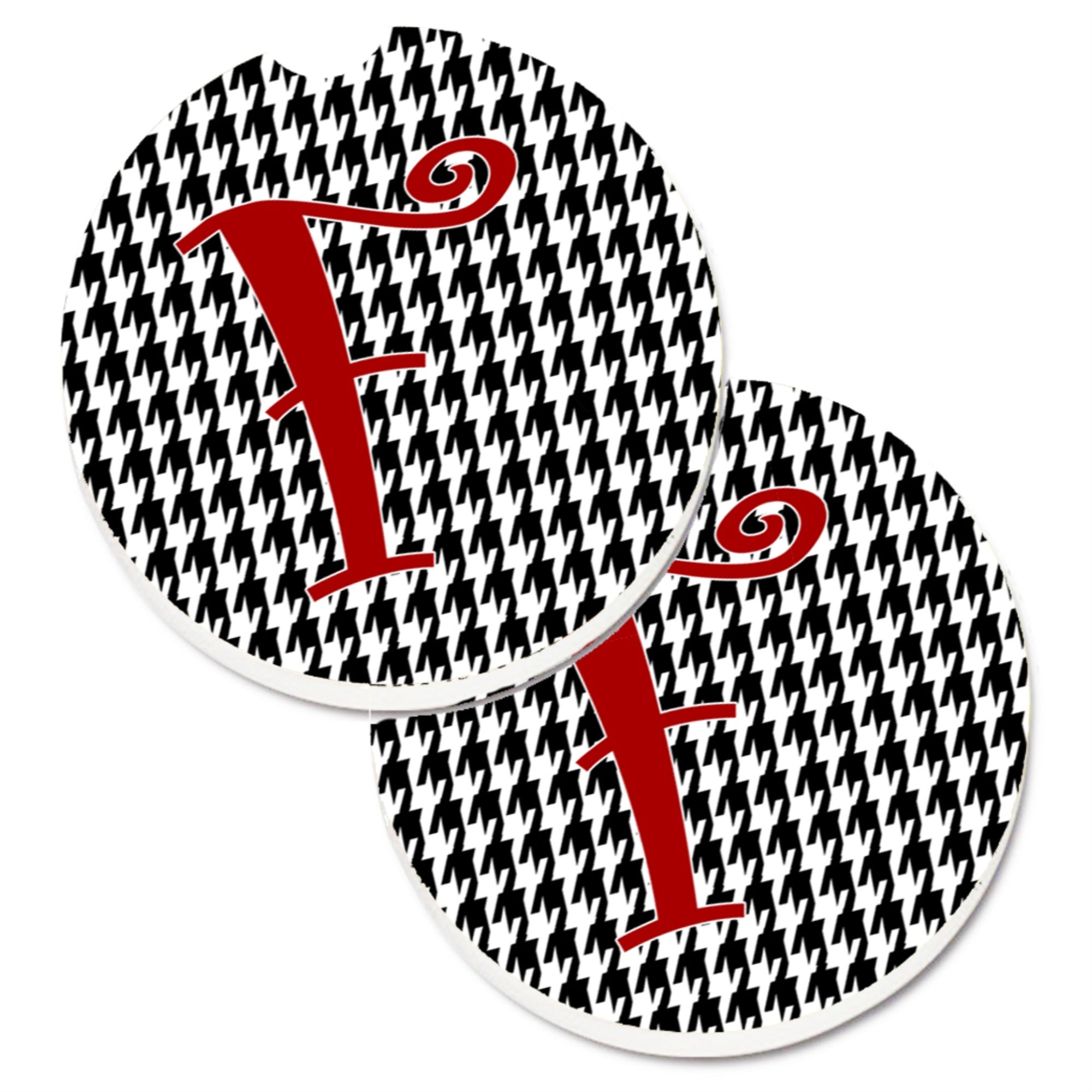Caroline'S Treasures Monogram Initial F Houndstooth Black Set Of 2 Cup Holder Car Coasters Cj1035-Fcarc, 2.56, Multicolor
