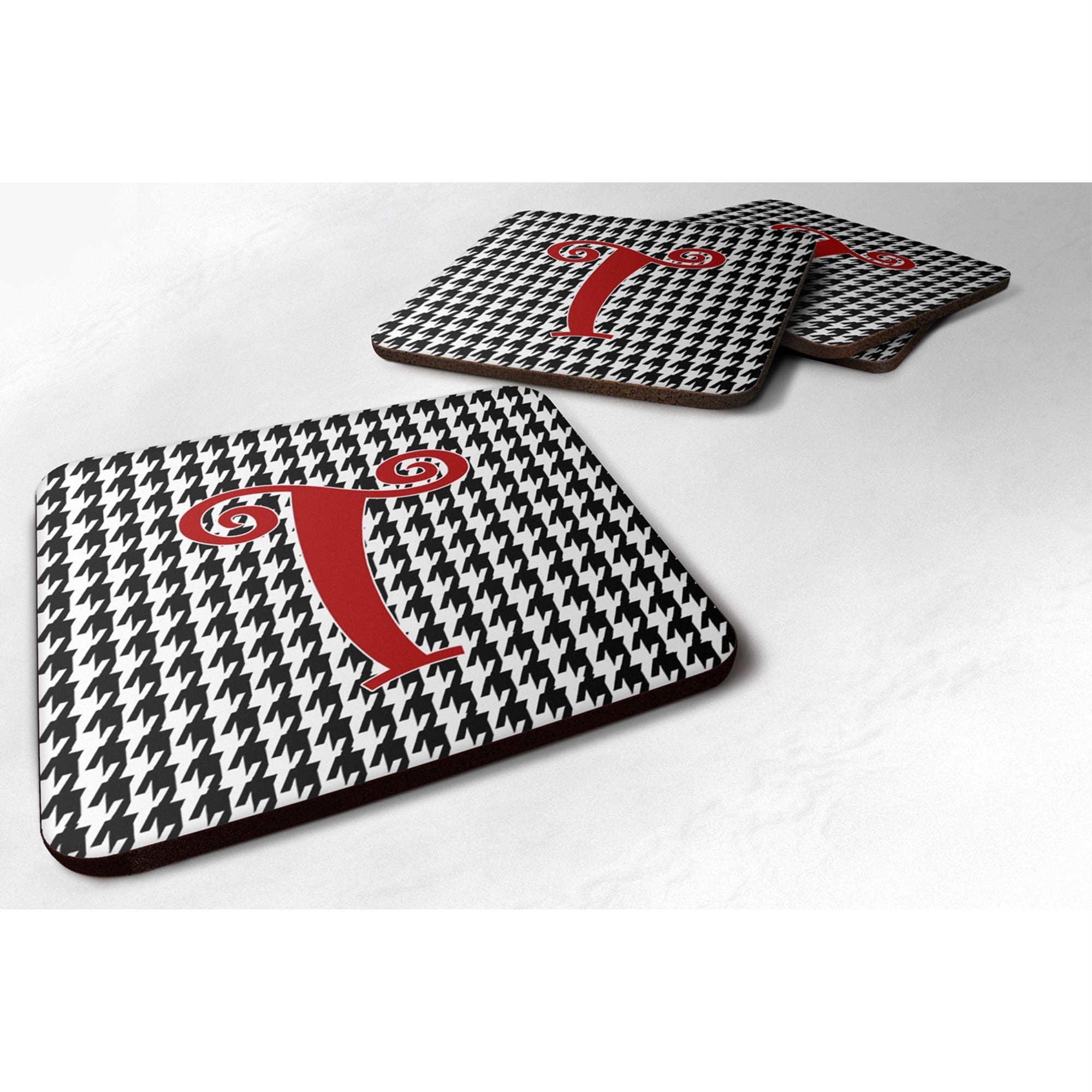 Caroline'S Treasures Cj1035-Tfc Monogram-Houndstooth Black Foam Coasters (Set Of 4), Initial Letter T, 3.5 H X 3.5 W,