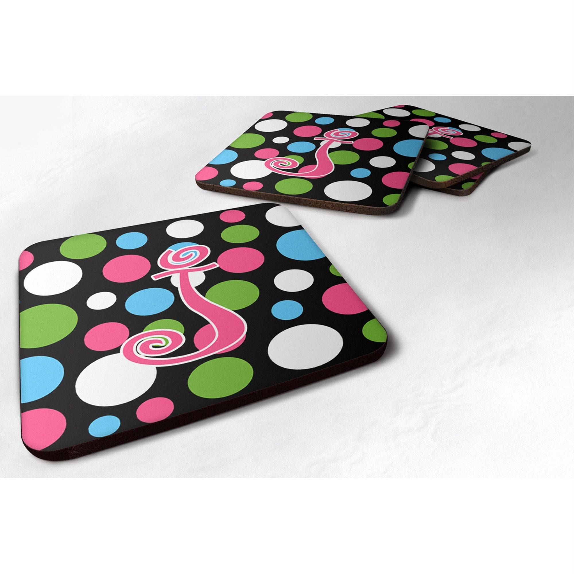 Caroline'S Treasures Cj1038-Jfc Monogram-Polkadots And Pink Foam Coasters (Set Of 4), Initial Letter J, 3.5 H X 3.5 W,