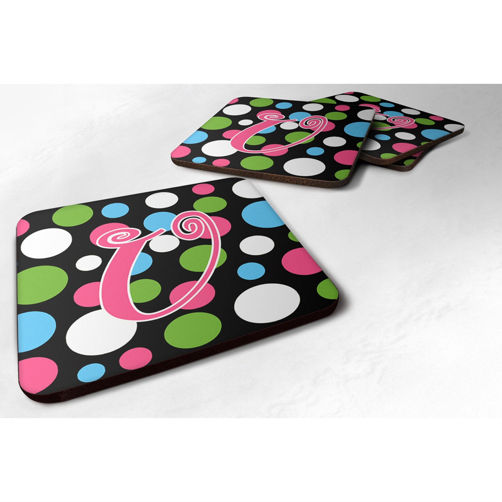 Caroline'S Treasures Cj1038-Ufc Monogram-Polkadots And Pink Foam Coasters (Set Of 4), Initial Letter U, 3.5 H X 3.5 W,
