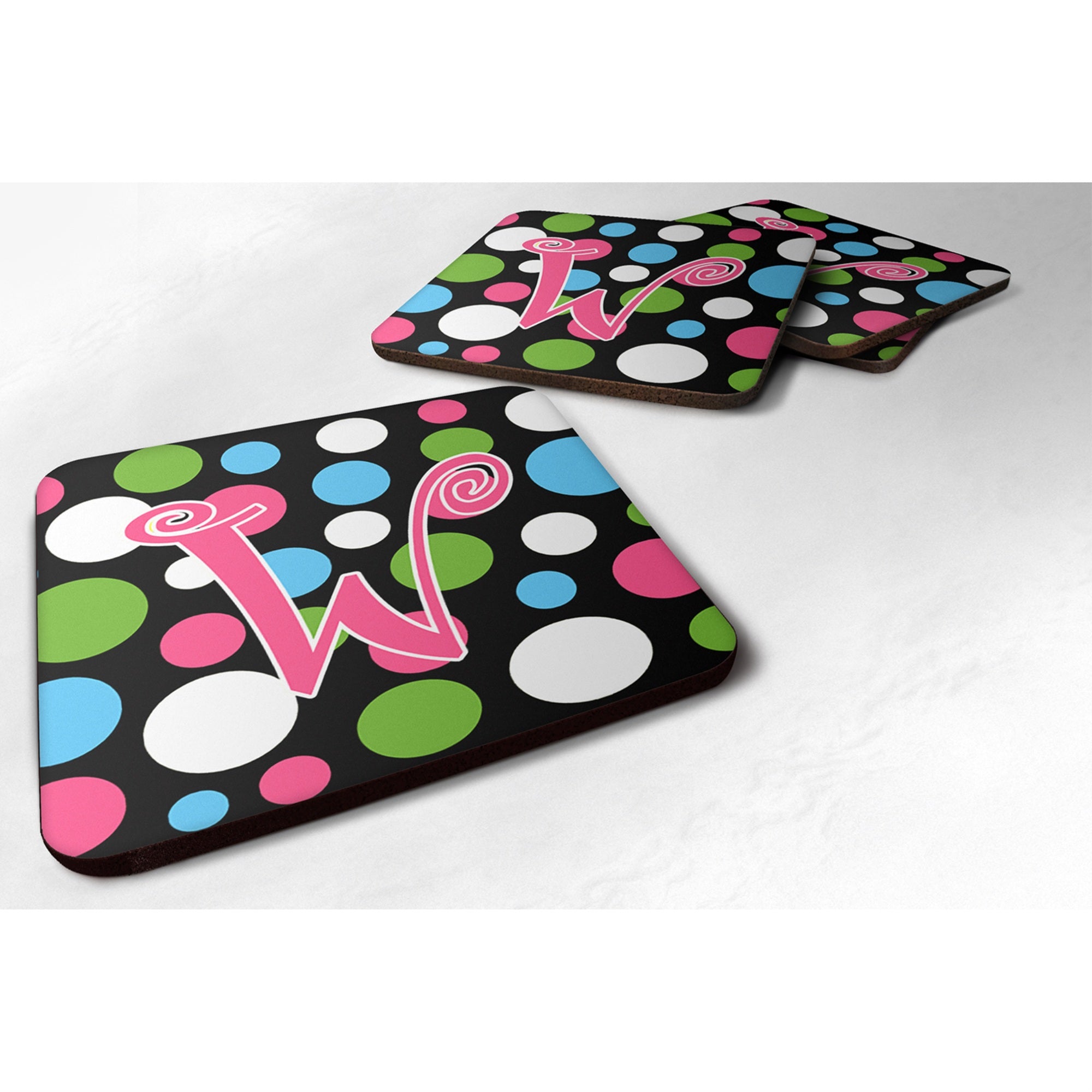 Caroline'S Treasures Cj1038-Wfc Monogram-Polkadots And Pink Foam Coasters (Set Of 4), Initial Letter W, 3.5 H X 3.5 W,