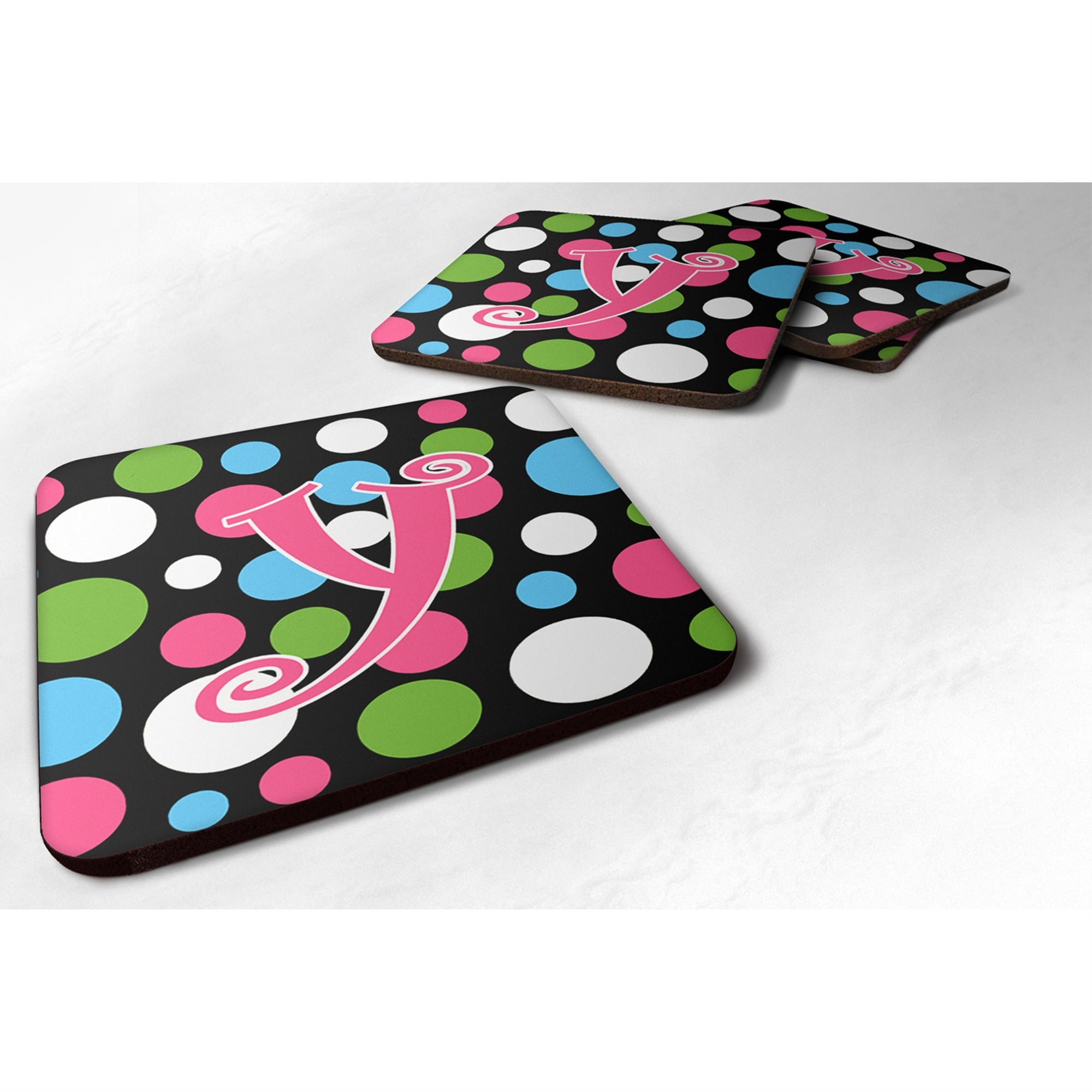 Caroline'S Treasures Cj1038-Yfc Monogram-Polkadots And Pink Foam Coasters (Set Of 4), Initial Letter Y, 3.5 H X 3.5 W,