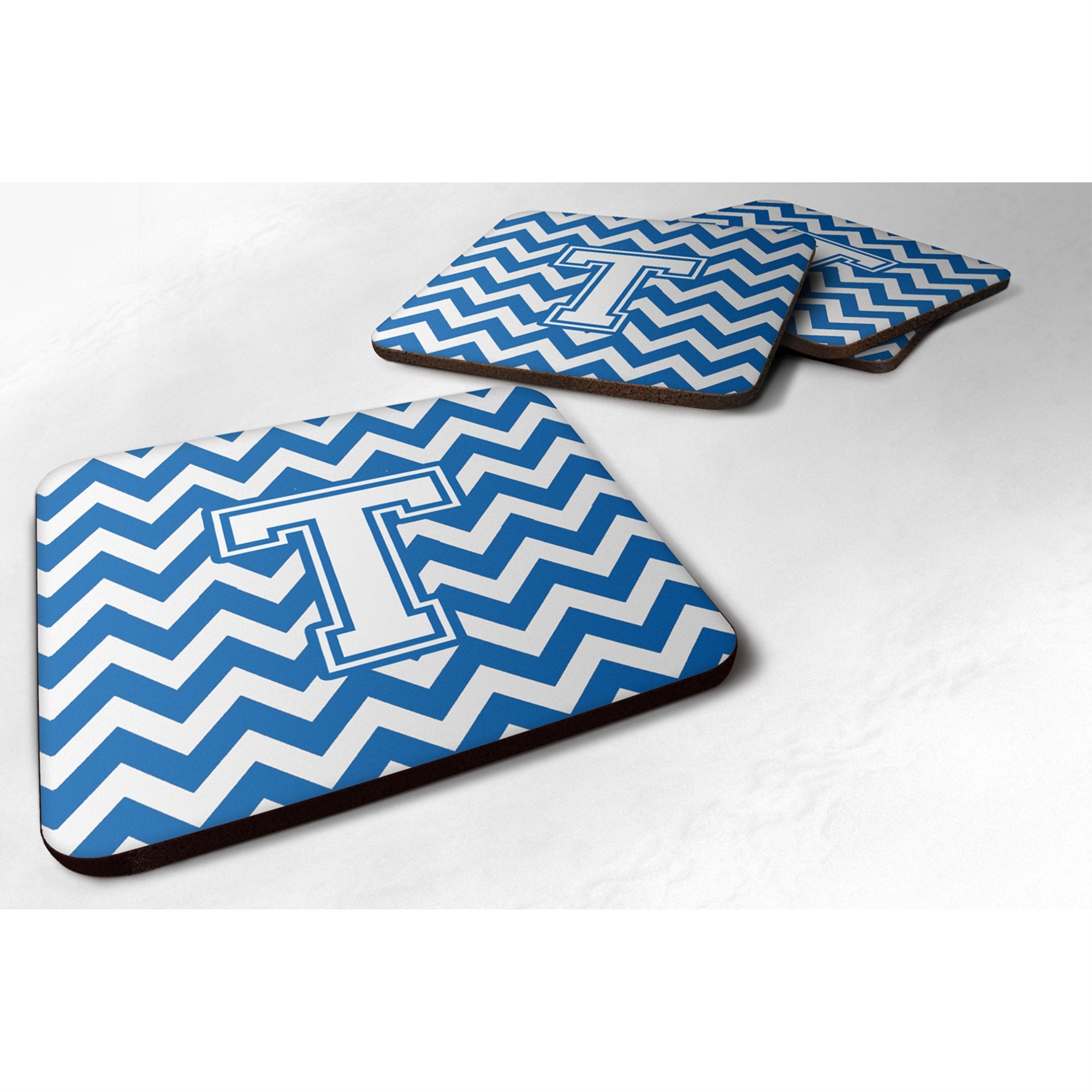 Caroline'S Treasures Cj1045-Tfc Letter T Chevron Blue And White Foam Coaster (Set Of 4), 3.5, Multicolor