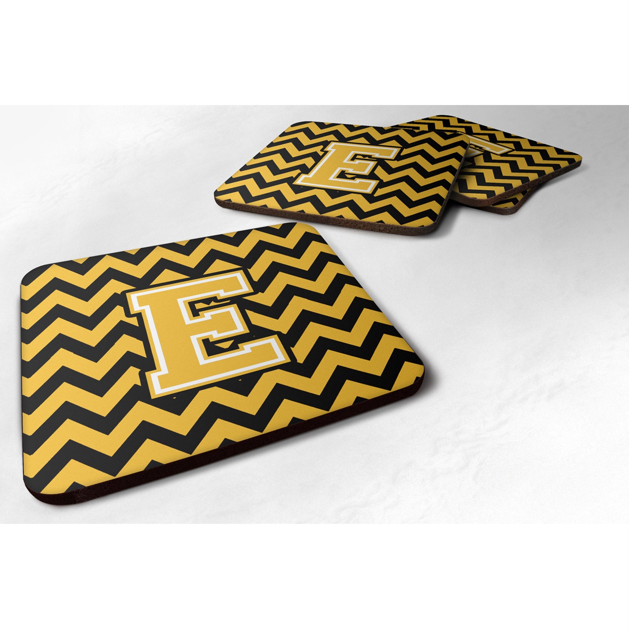 Caroline'S Treasures Cj1053-Efc Letter E Chevron Black And Gold Foam Coaster (Set Of 4), 3.5, Multicolor