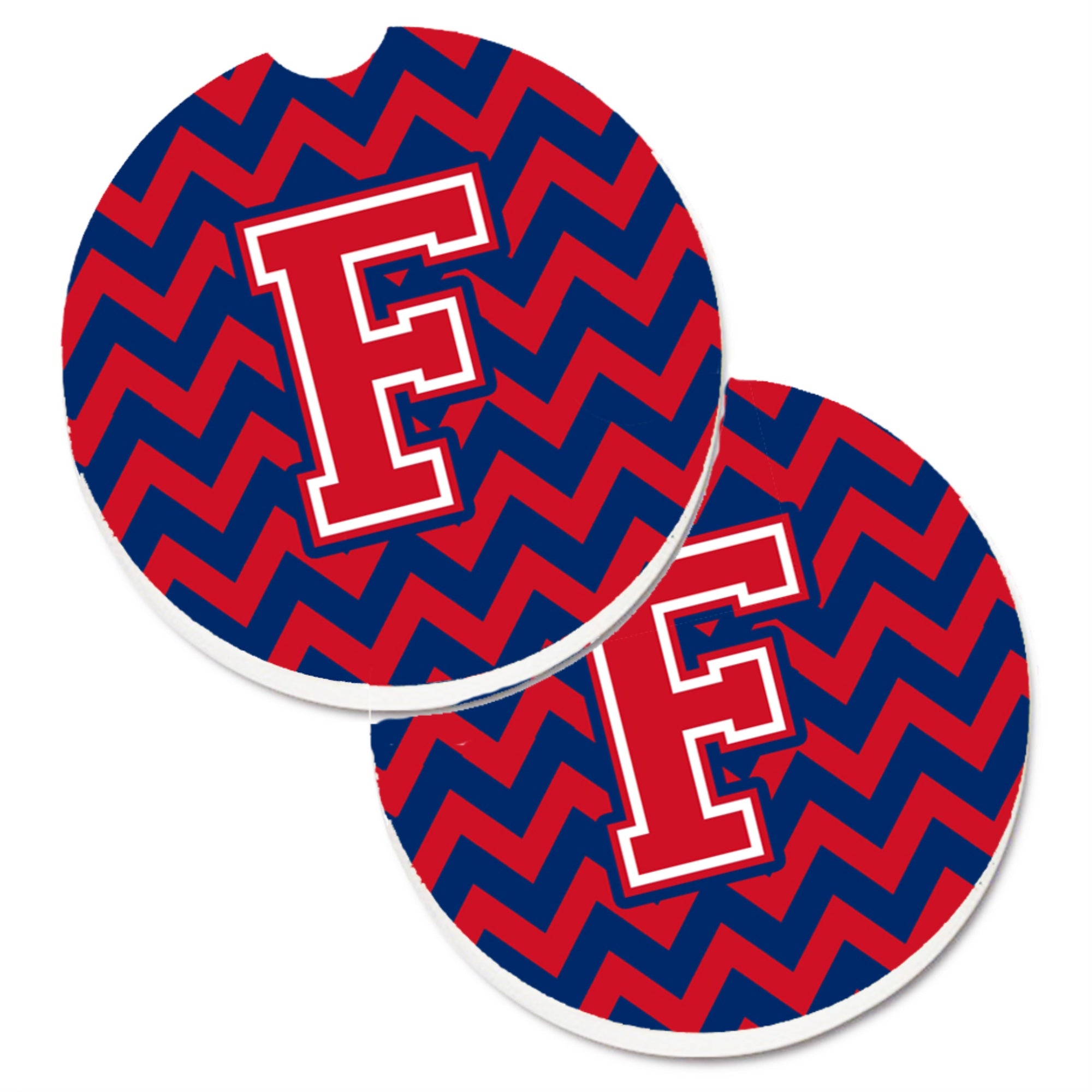 Caroline'S Treasures Letter F Chevron Yale Blue & Crimson Set Of 2 Cup Holder Car Coasters Cj1054-Fcarc, 2.56, Multicolor