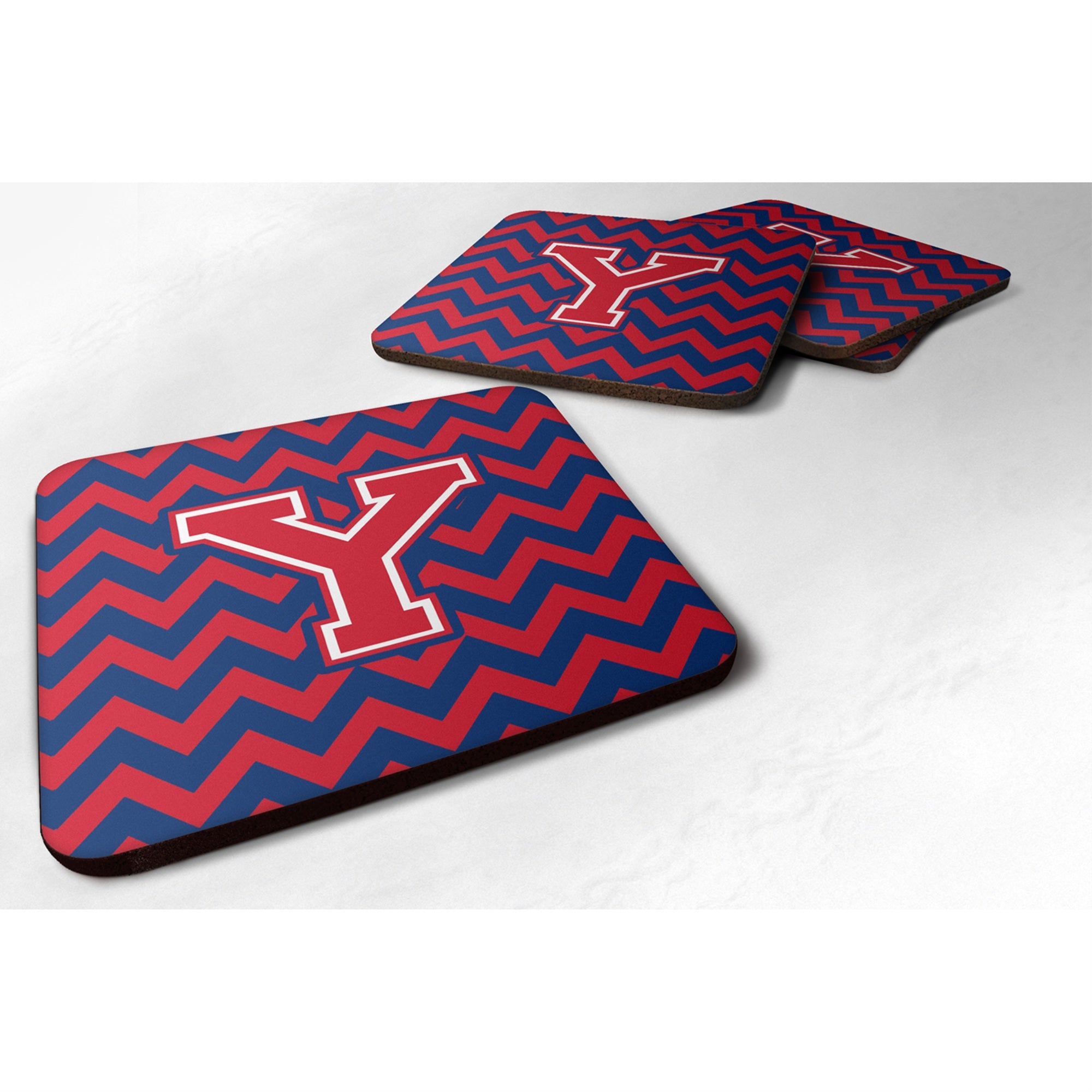 Caroline'S Treasures Cj1054-Yfc Letter Y Chevron Yale Blue And Crimson Foam Coaster (Set Of 4), 3.5, Multicolor