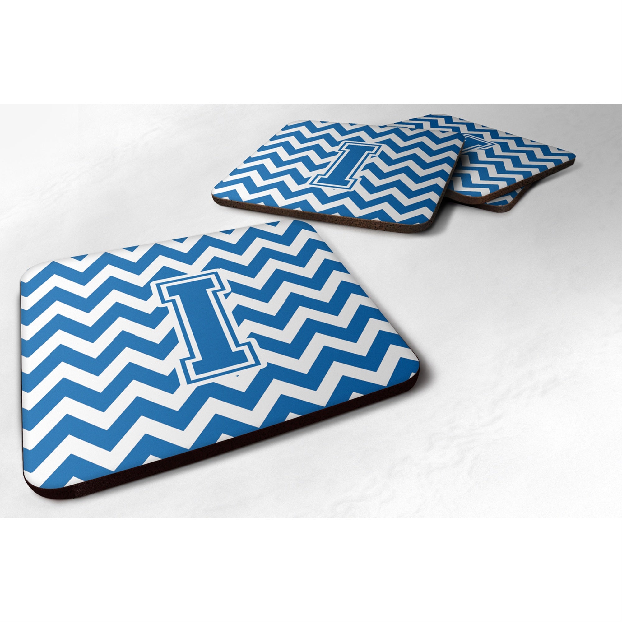 Caroline'S Treasures Cj1056-Ifc Letter I Chevron Blue And White Foam Coaster (Set Of 4), 3.5, Multicolor