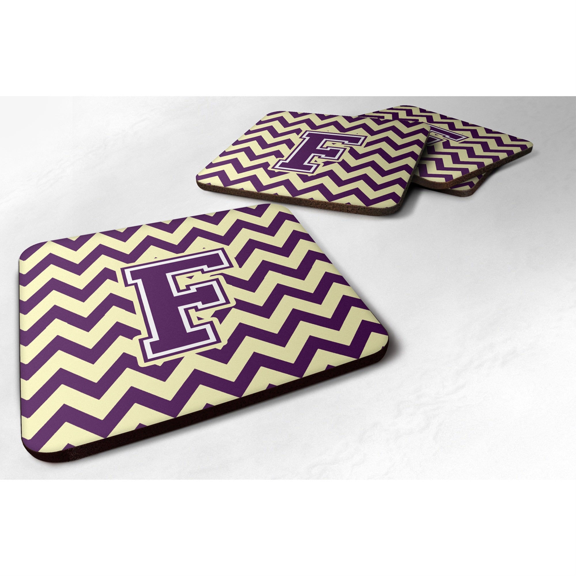 Caroline'S Treasures Cj1058-Ffc Letter F Chevron Purple And Gold Foam Coaster (Set Of 4), 3.5, Multicolor