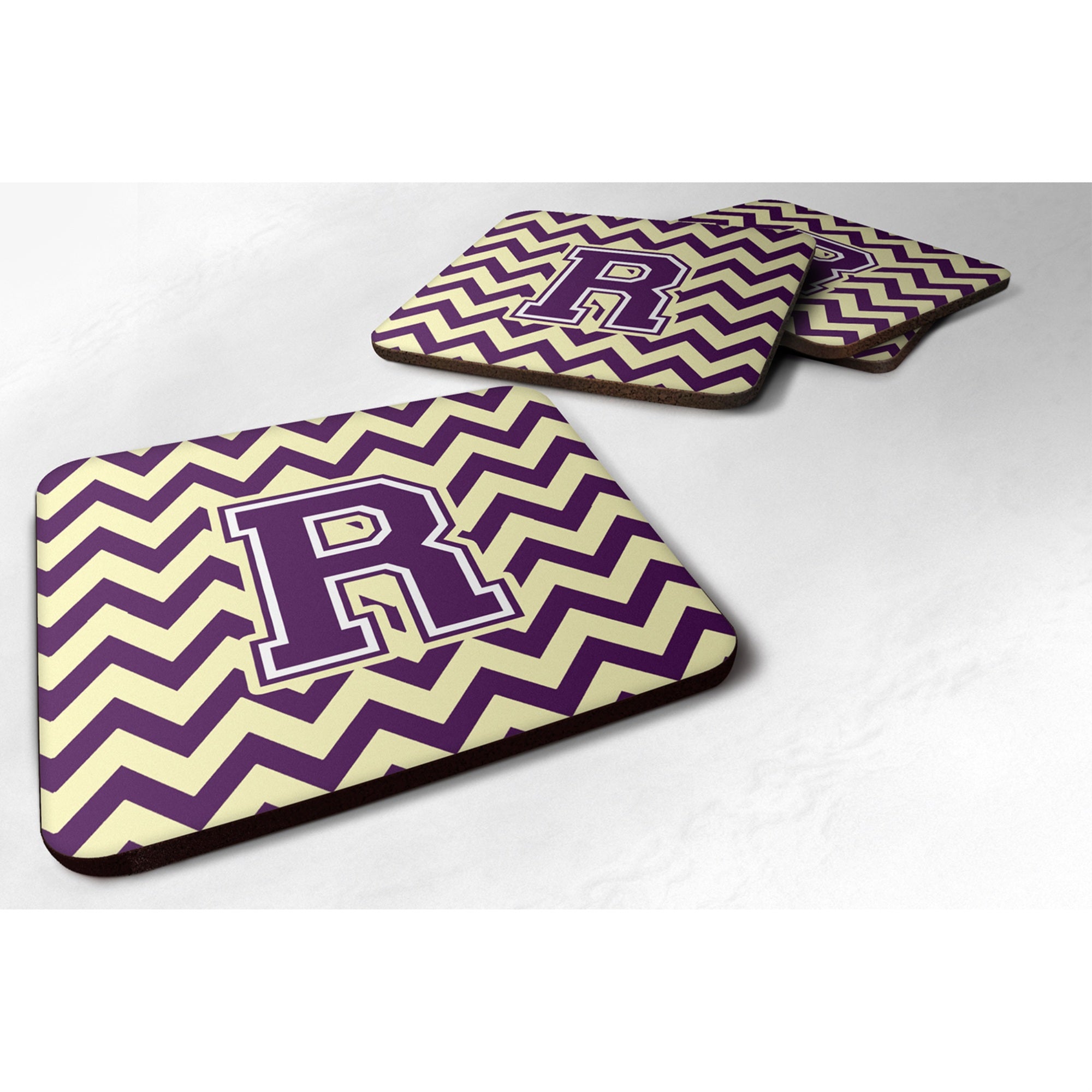 Caroline'S Treasures Cj1058-Rfc Letter R Chevron Purple And Gold Foam Coaster (Set Of 4), 3.5, Multicolor