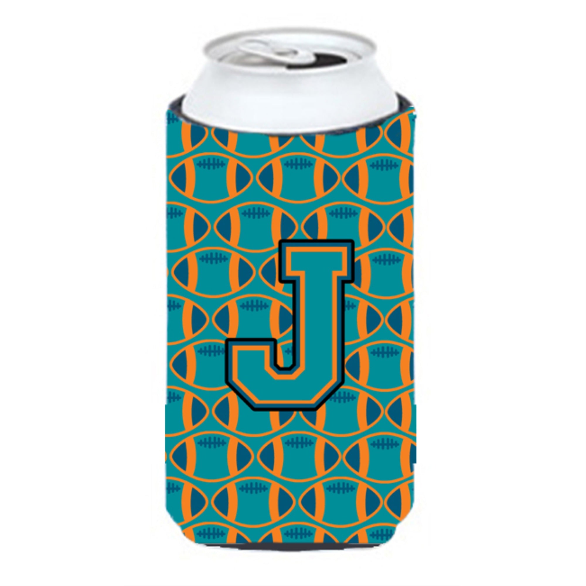 Letter J Football Aqua, Orange And Marine Blue Tall Boy Beverage Insulator Hugger Cj1063-Jtbc