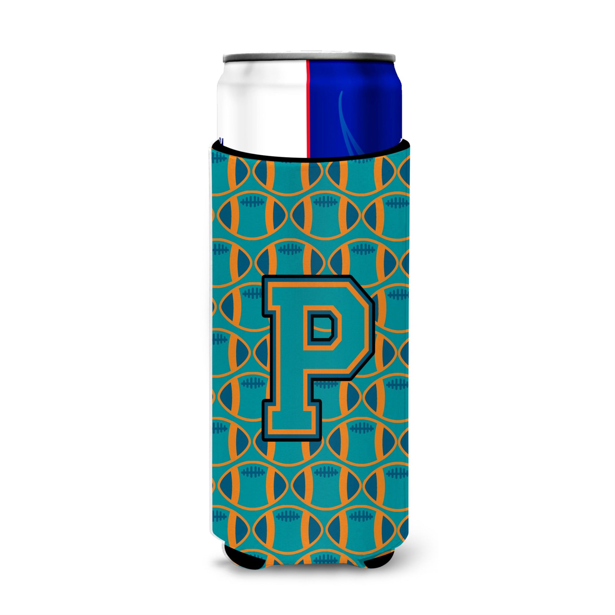 Letter P Football Aqua, Orange And Marine Blue Ultra Beverage Insulators For Slim Cans Cj1063-Pmuk