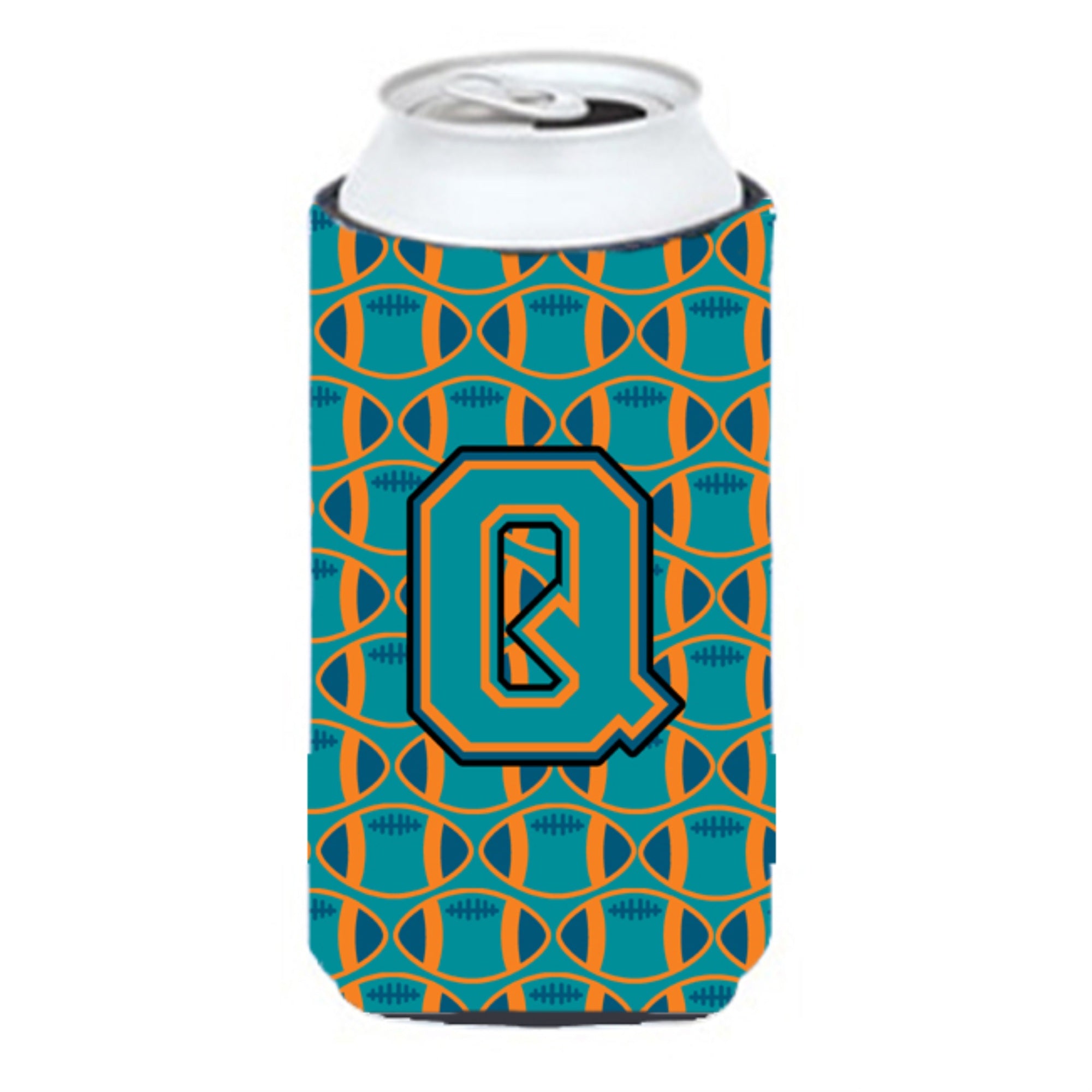 Letter Q Football Aqua, Orange And Marine Blue Tall Boy Beverage Insulator Hugger Cj1063-Qtbc