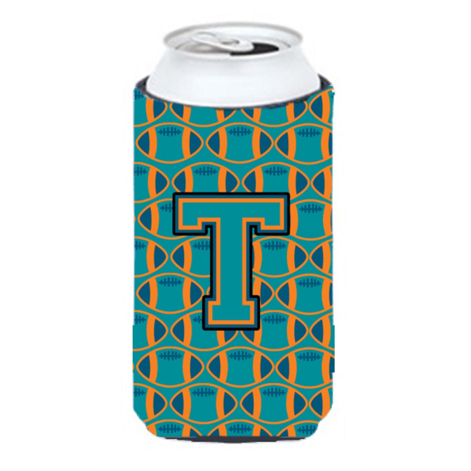 Letter T Football Aqua, Orange And Marine Blue Tall Boy Beverage Insulator Hugger Cj1063-Ttbc