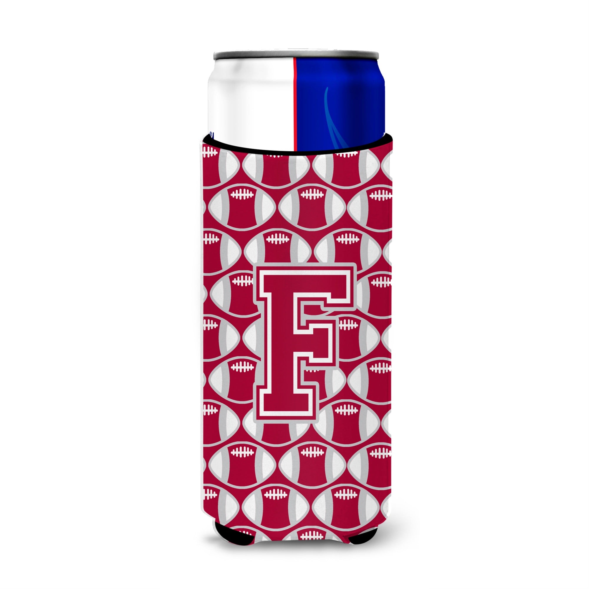Letter F Football Crimson, Grey And White Ultra Beverage Insulators For Slim Cans Cj1065-Fmuk
