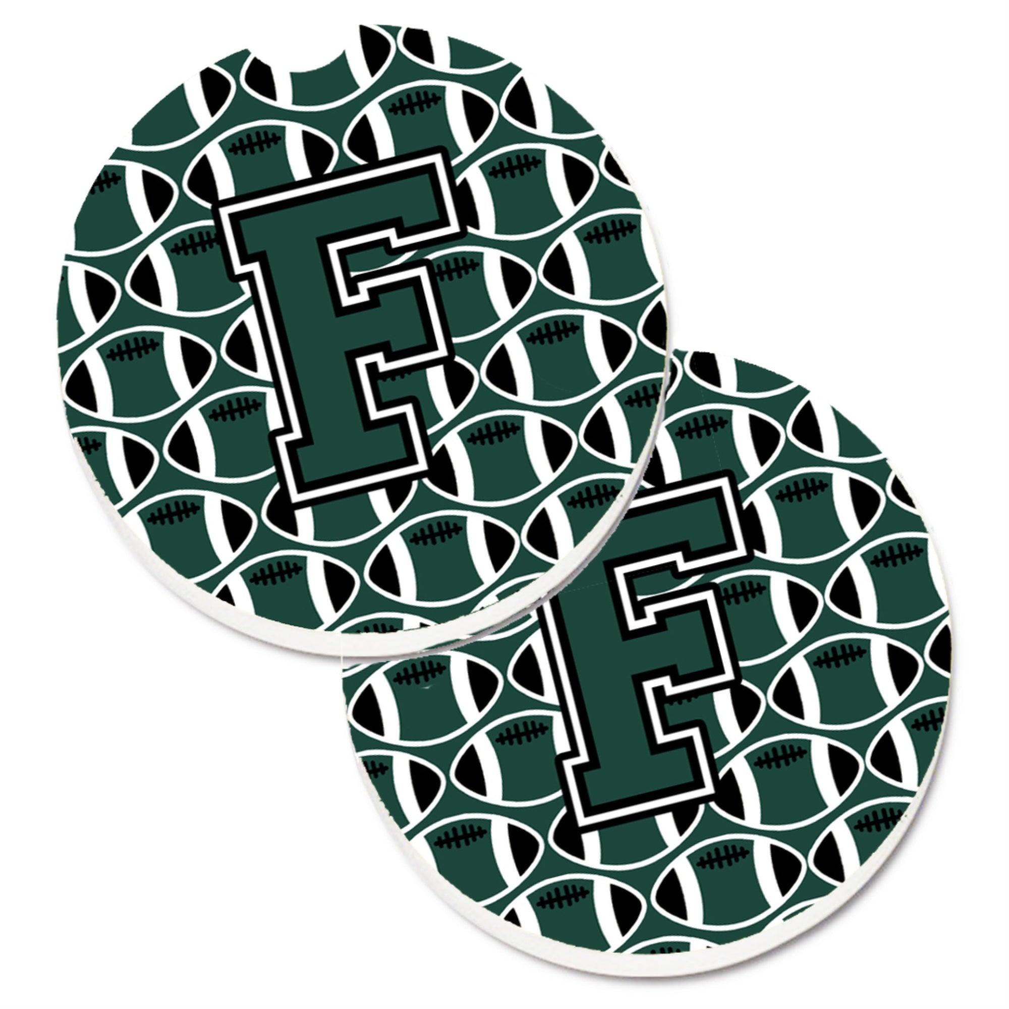 Caroline'S Treasures Letter F Football Green & White Set Of 2 Cup Holder Car Coasters Cj1071-Fcarc, 2.56, Multicolor