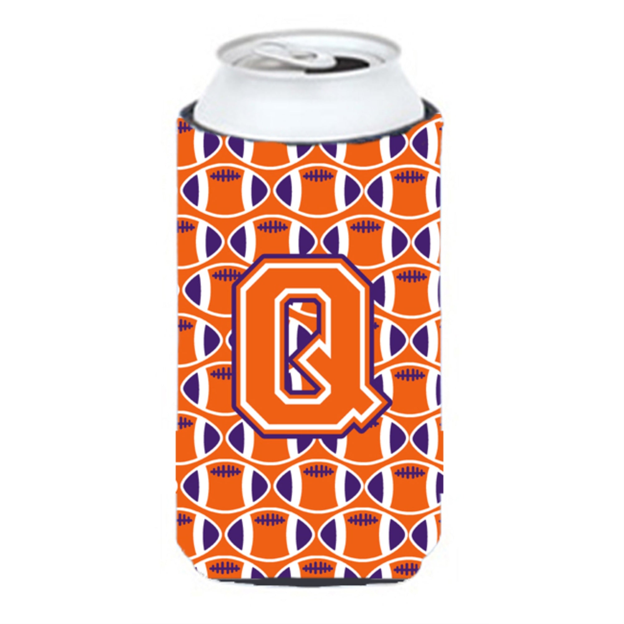 Letter Q Football Orange, White And Regalia Tall Boy Beverage Insulator Hugger Cj1072-Qtbc