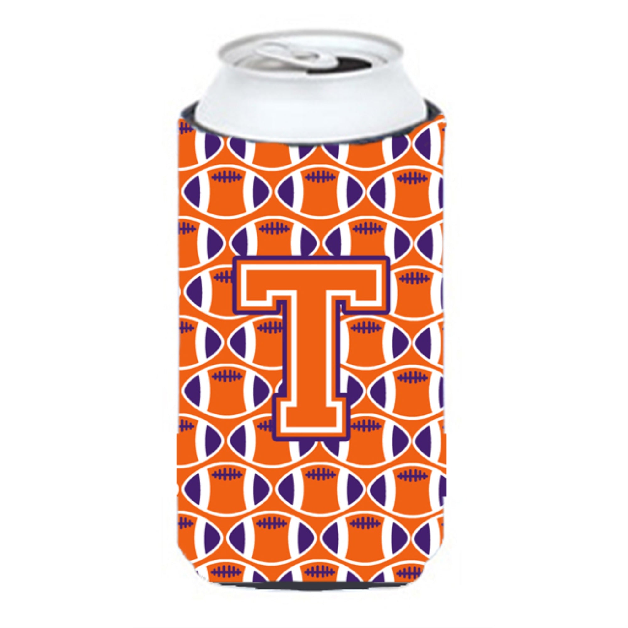 Letter T Football Orange, White And Regalia Tall Boy Beverage Insulator Hugger Cj1072-Ttbc