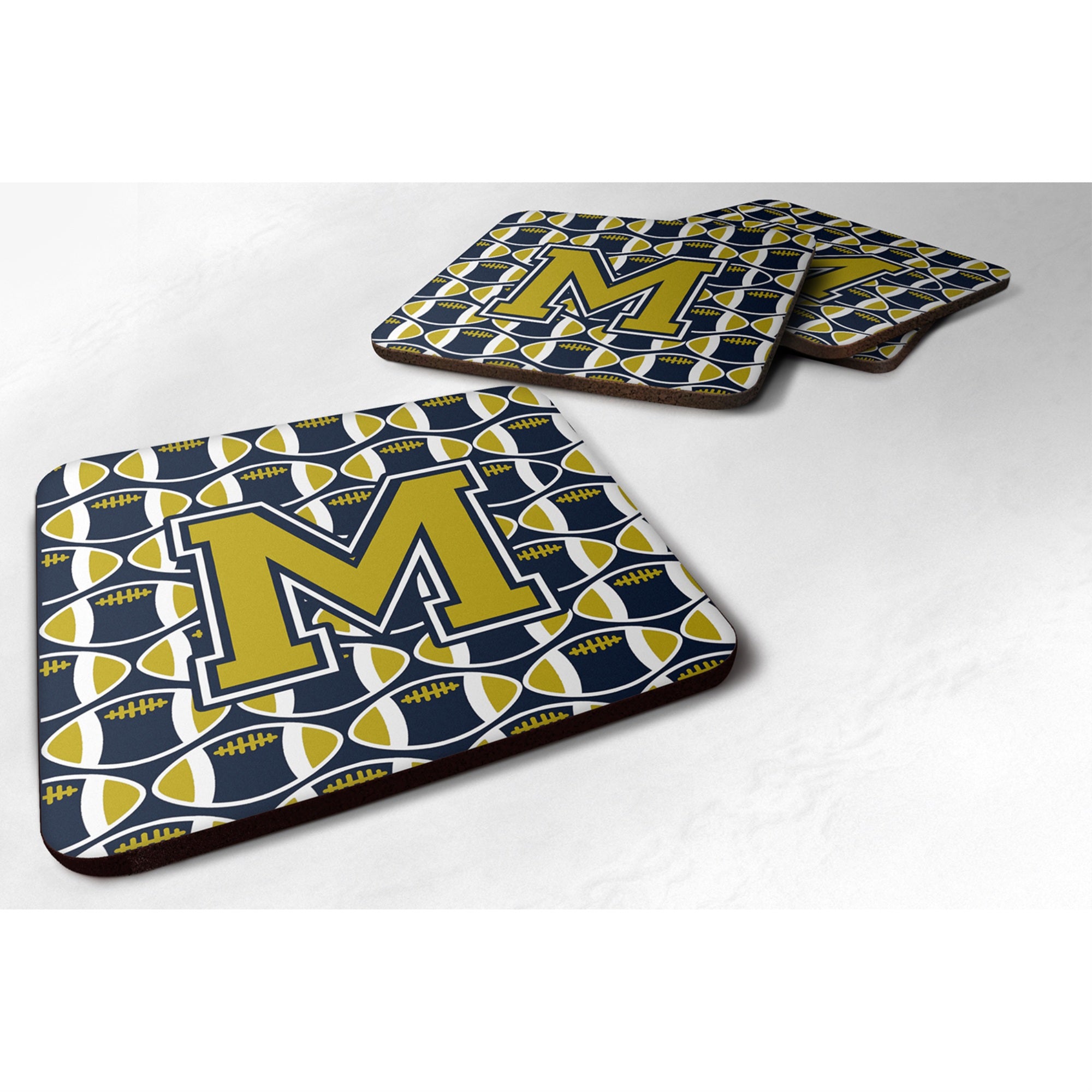 Caroline'S Treasures Cj1074-Mfc Letter M Football Blue And Gold Foam Coaster (Set Of 4), 3.5, Multicolor