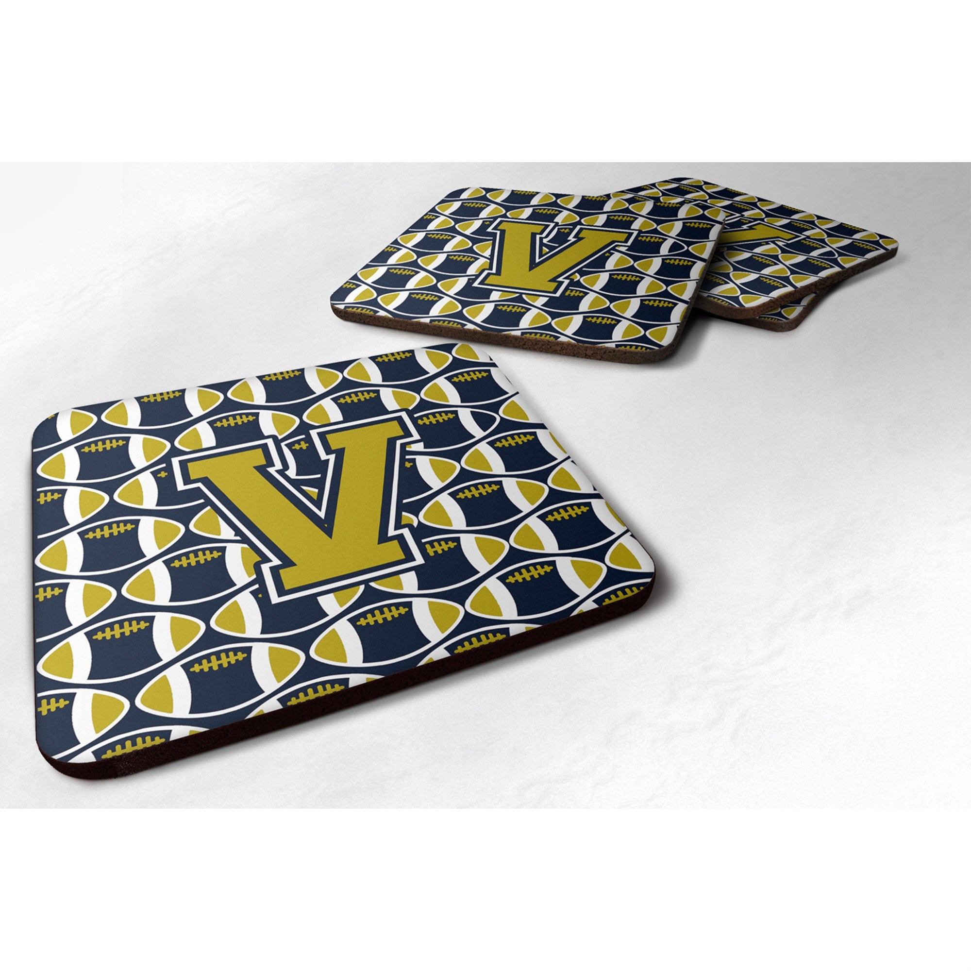 Caroline'S Treasures Cj1074-Vfc Letter V Football Blue And Gold Foam Coaster (Set Of 4), 3.5, Multicolor