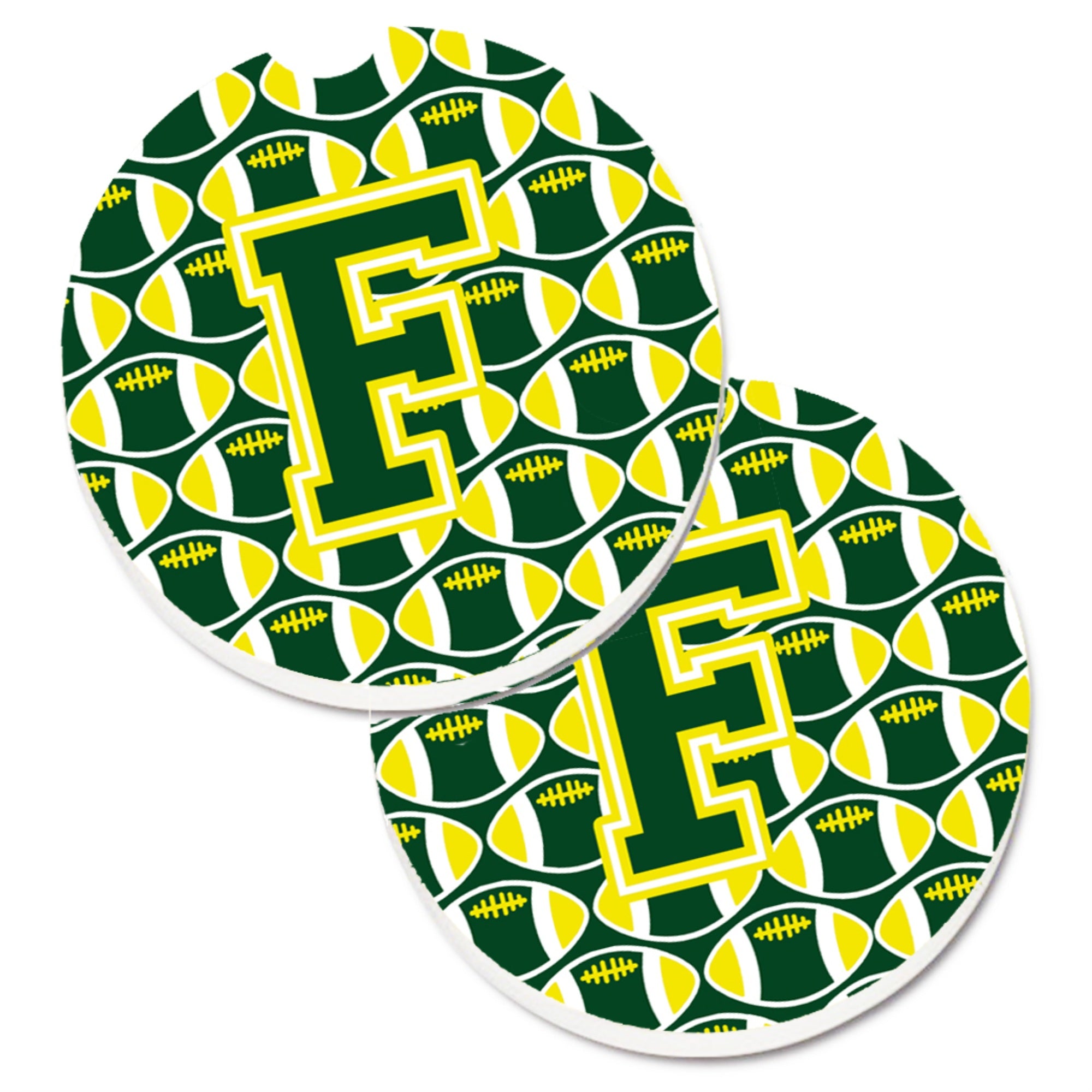 Caroline'S Treasures Letter F Football Green & Yellow Set Of 2 Cup Holder Car Coasters Cj1075-Fcarc, 2.56, Multicolor
